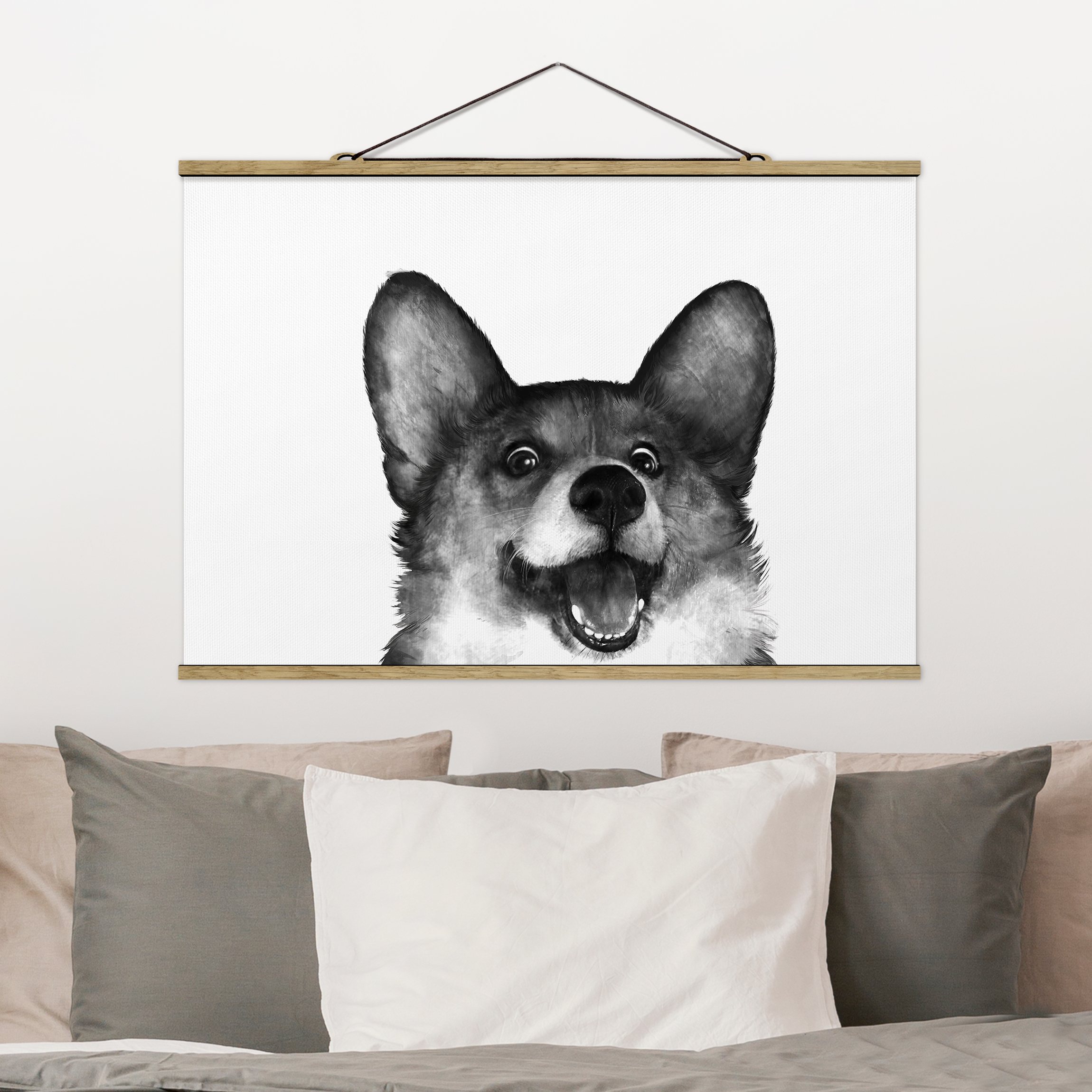Stoffbild - Querformat Illustration Hund Corgi Weiß Schwarz Malerei