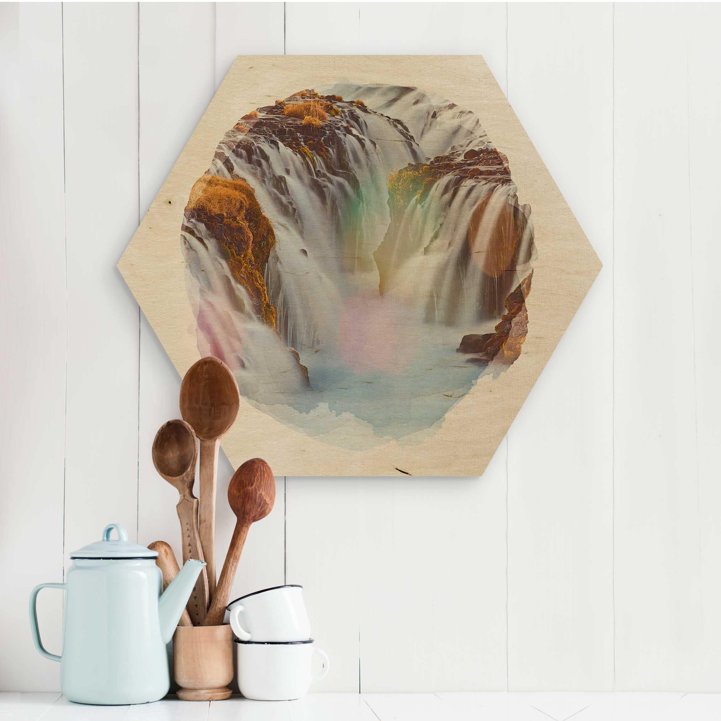 Hexagon-Holzbild Wasserfarben - Brúarfoss Wasserfall in Island