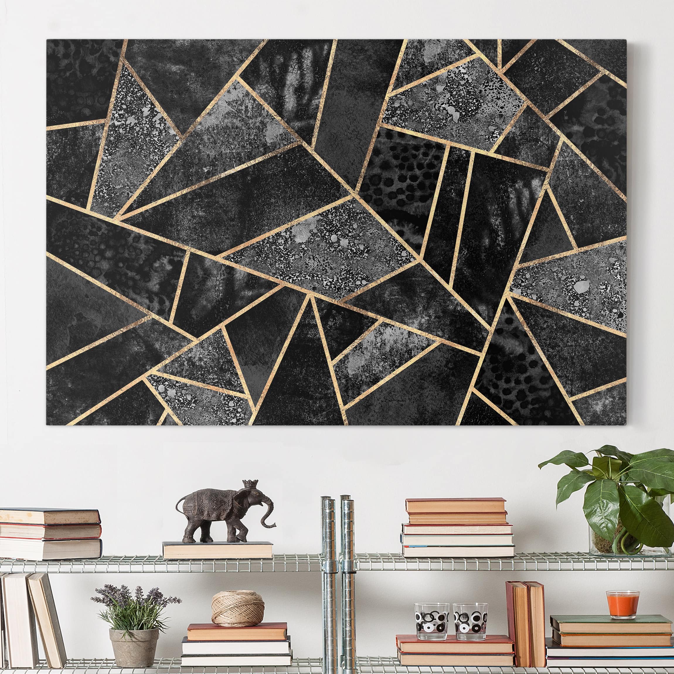 Leinwandbild - Querformat Graue Dreiecke Gold