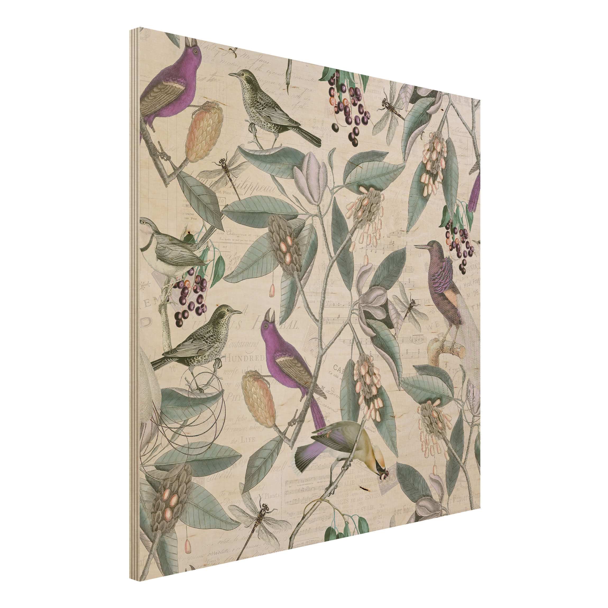 Holzbild Vintage Collage - Nostalgische Vögel