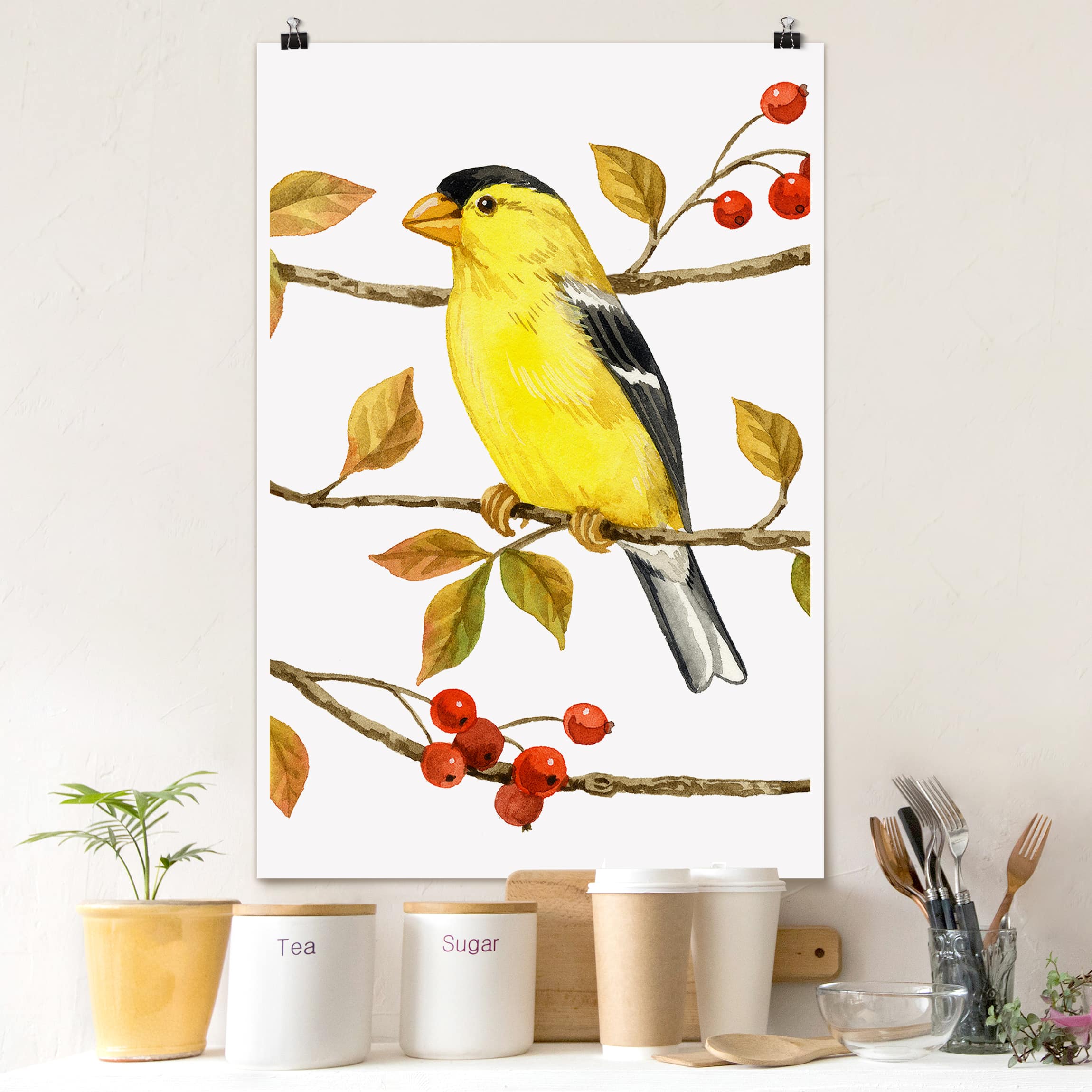 Poster - Hochformat Vögel und Beeren - Goldzeisig