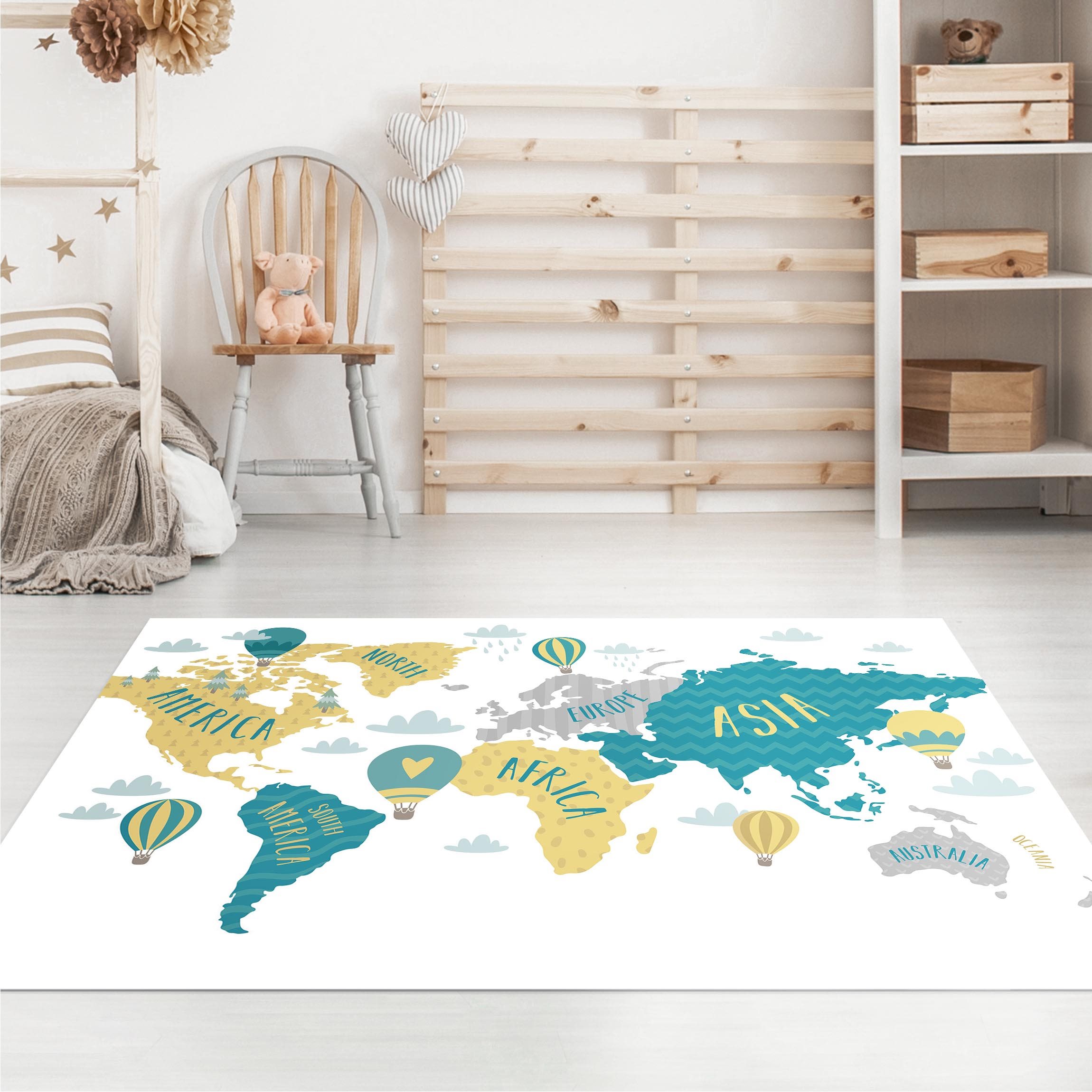 Vinylteppich World Map with Hot-Air Balloon