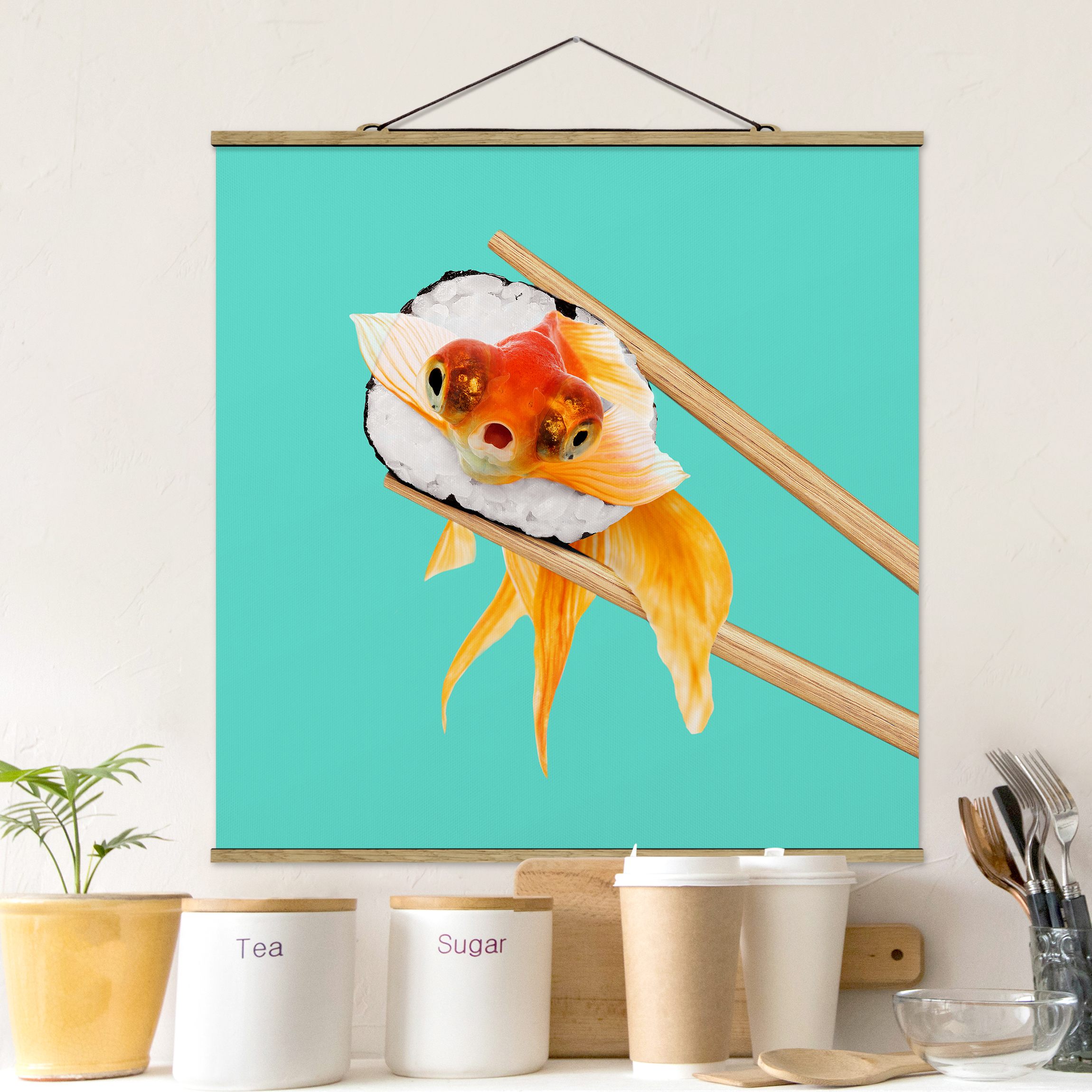 Stoffbild mit Posterleisten Sushi mit Goldfisch