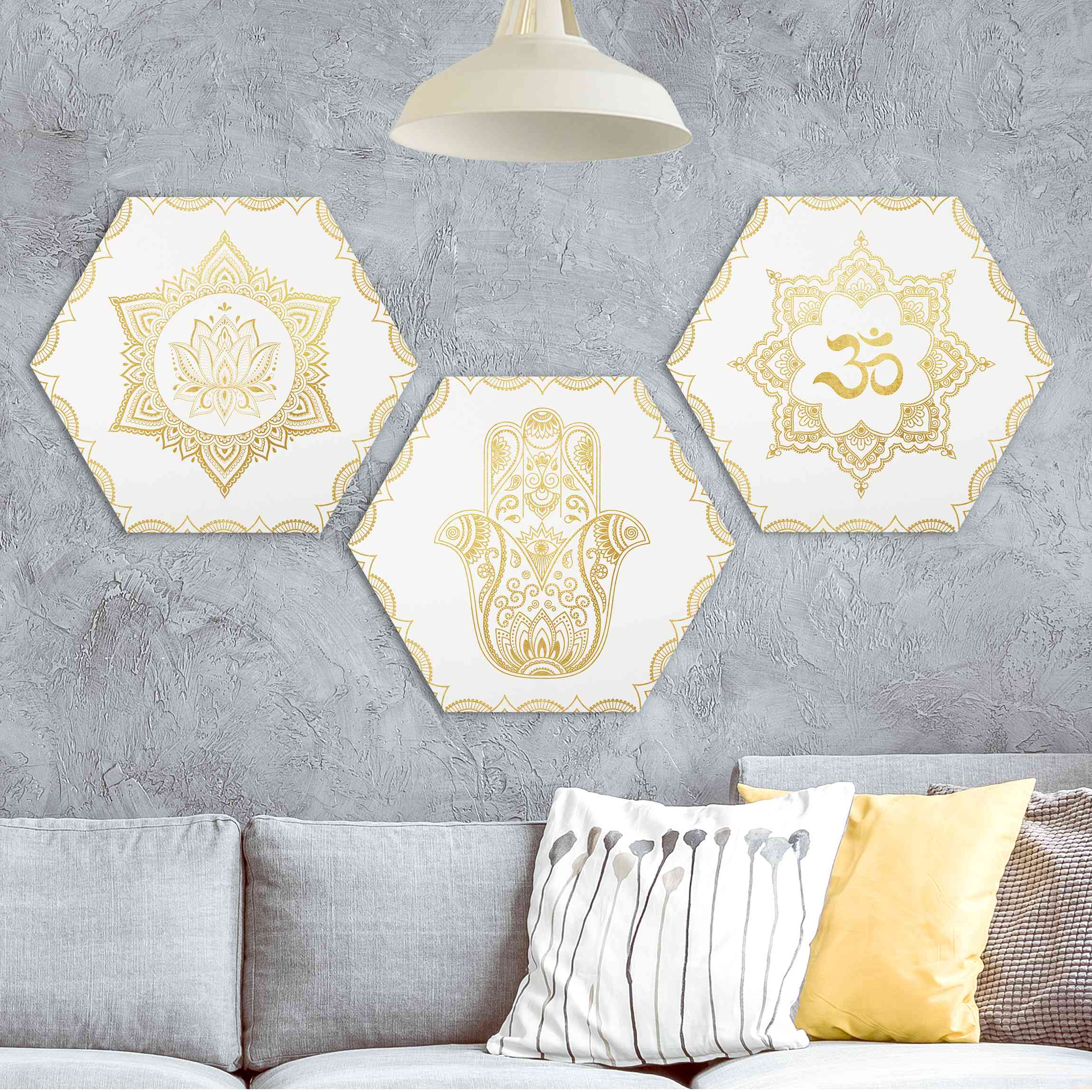 3-teiliges Hexagon-Forexbild Hamsa Hand Lotus OM Illustration Set Gold