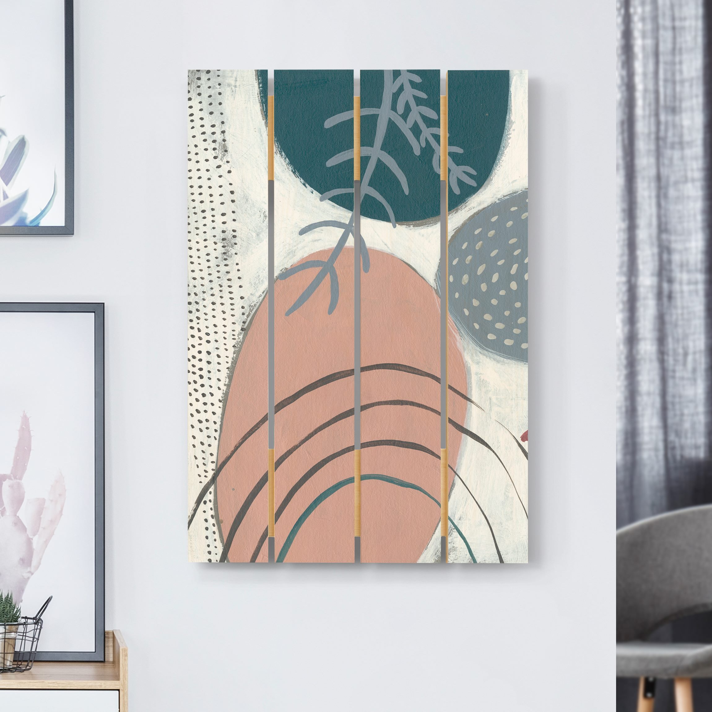 Holzbild Plankenoptik - Hochformat Karneval der Formen in Petrol II