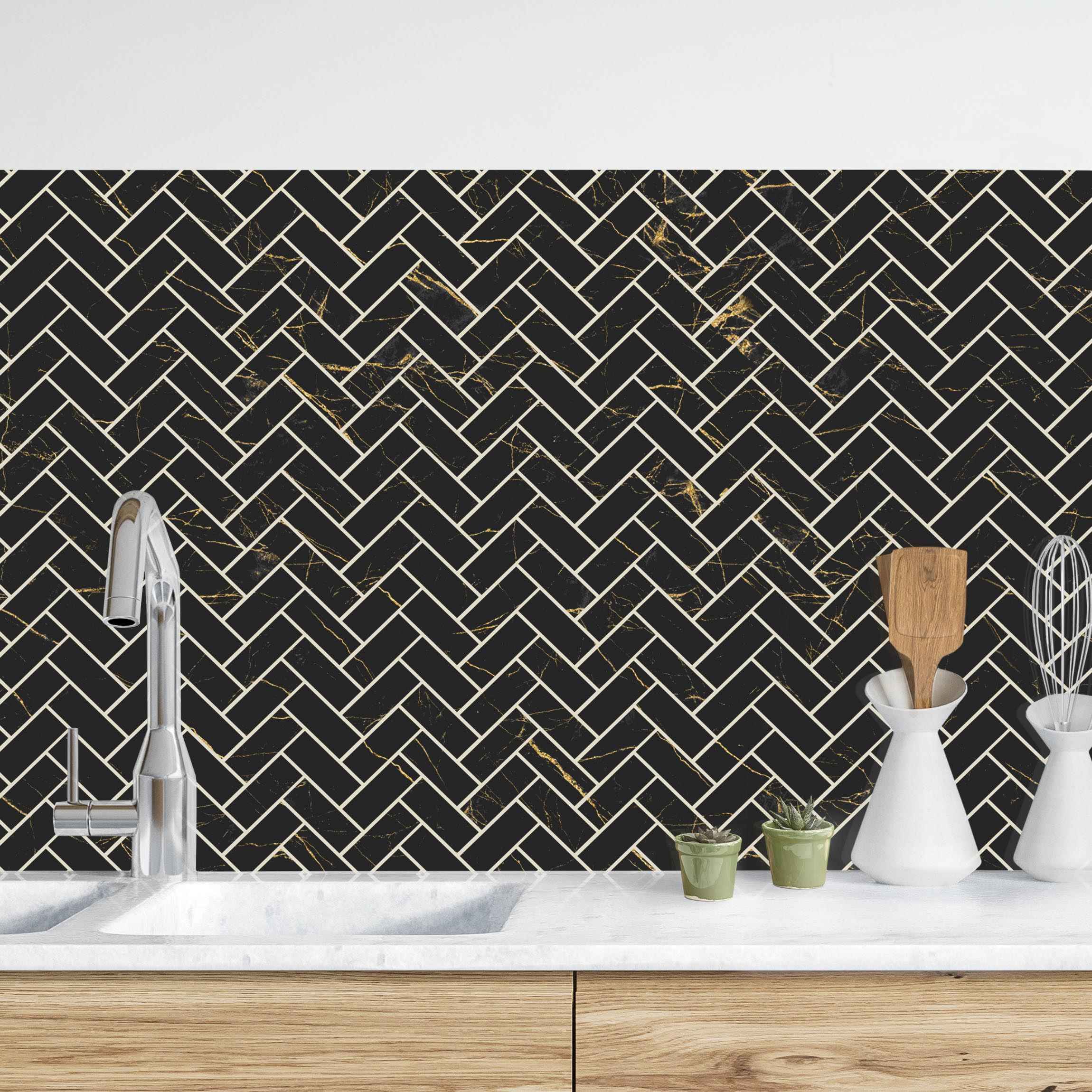 Küchenrückwand Marmor Fischgräten Fliesen - Schwarz-Gold