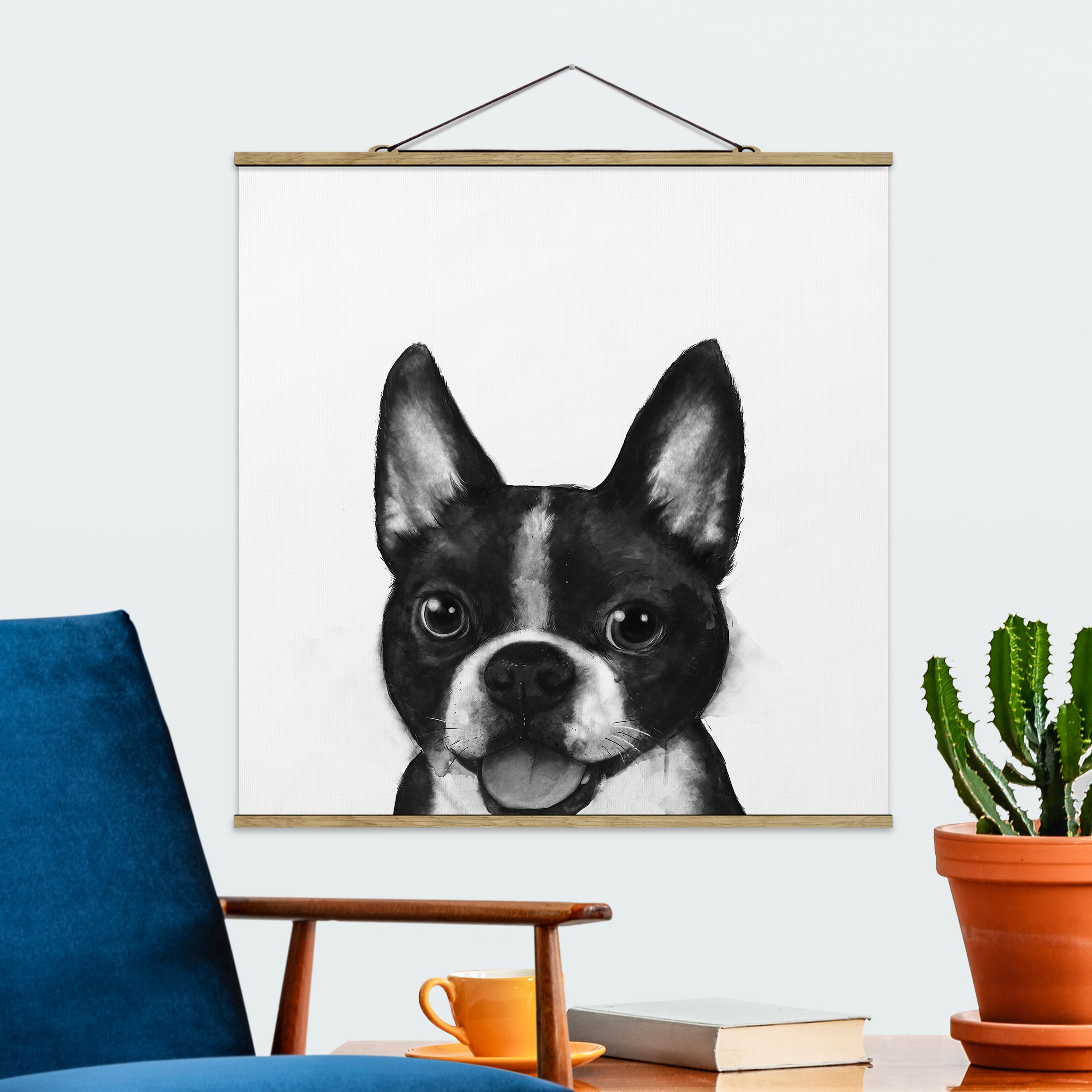 Stoffbild - Quadrat Illustration Hund Boston Schwarz Weiß Malerei