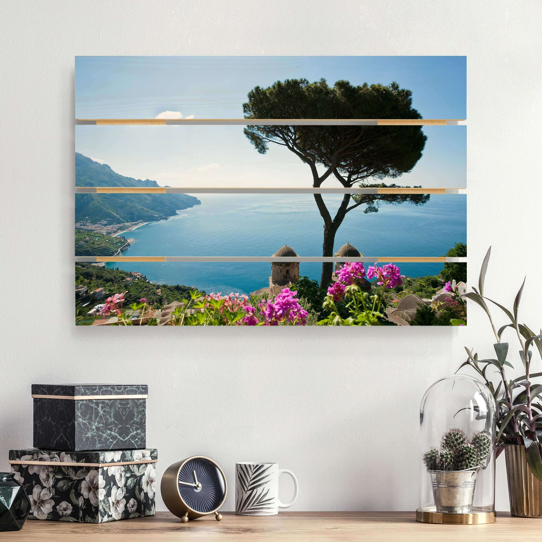 Holzbild Plankenoptik - Querformat Ausblick vom Garten aufs Meer