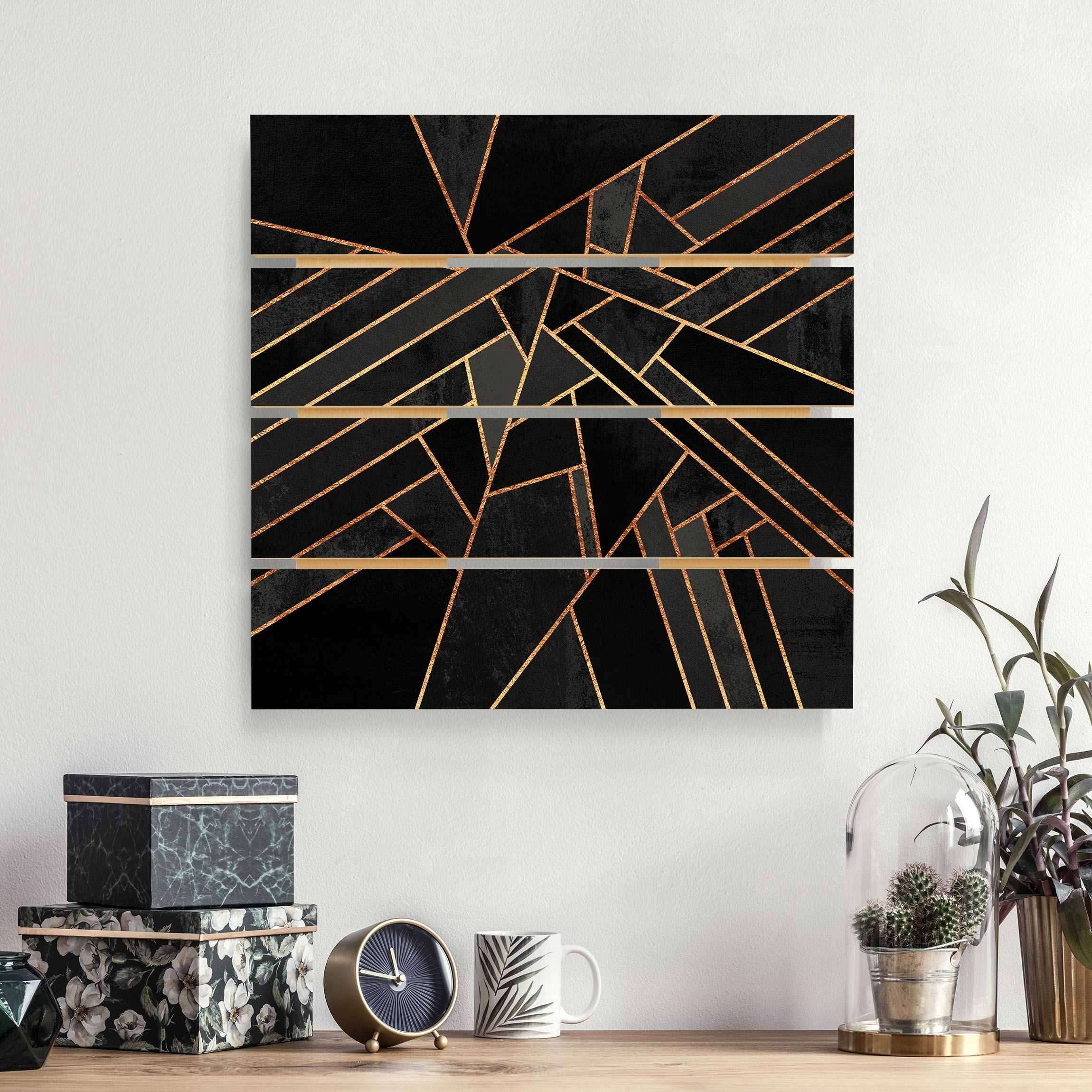 Holzbild Plankenoptik - Quadrat Schwarze Dreiecke Gold