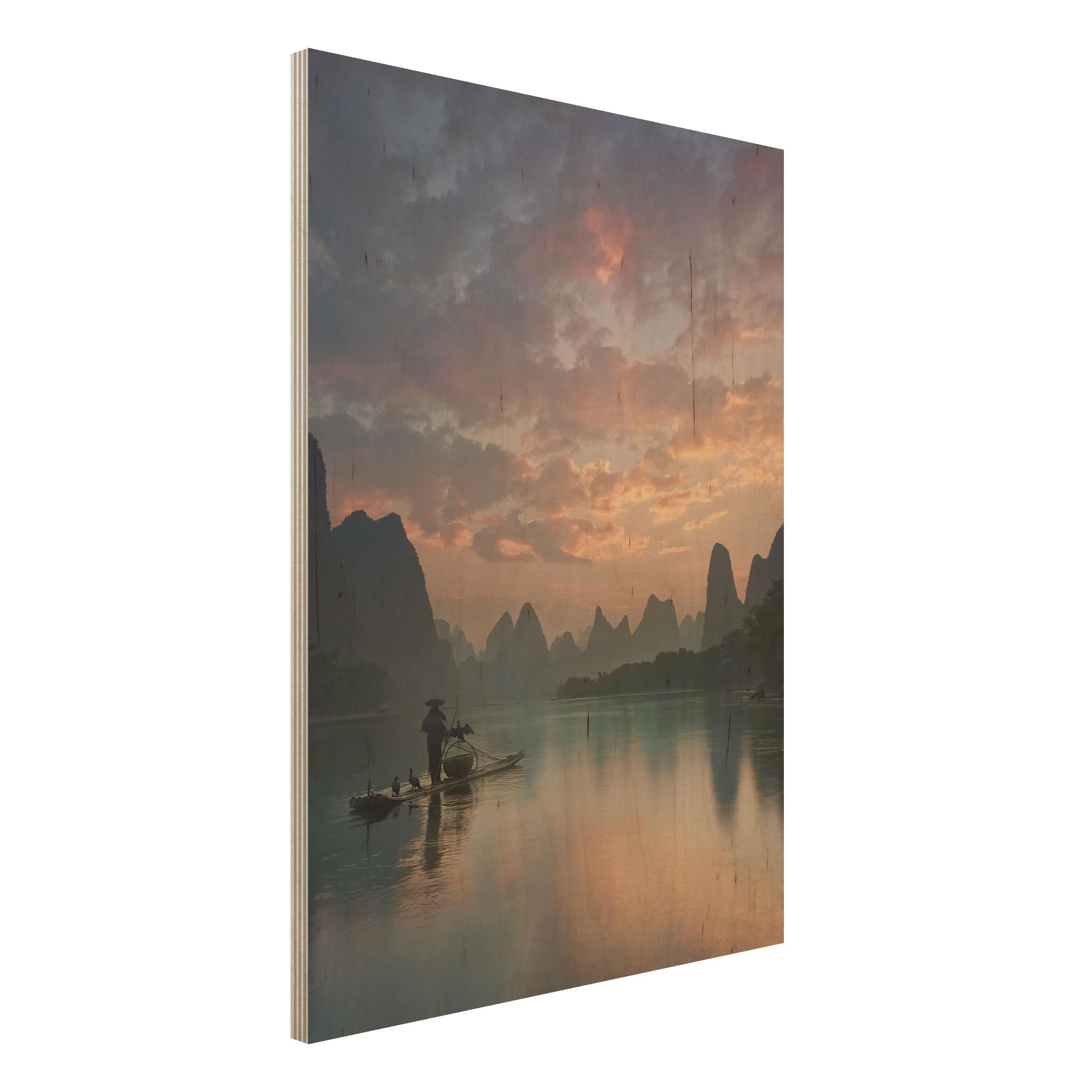 Holzbild - Hochformat 3:4 Sonnenaufgang über chinesischem Fluss