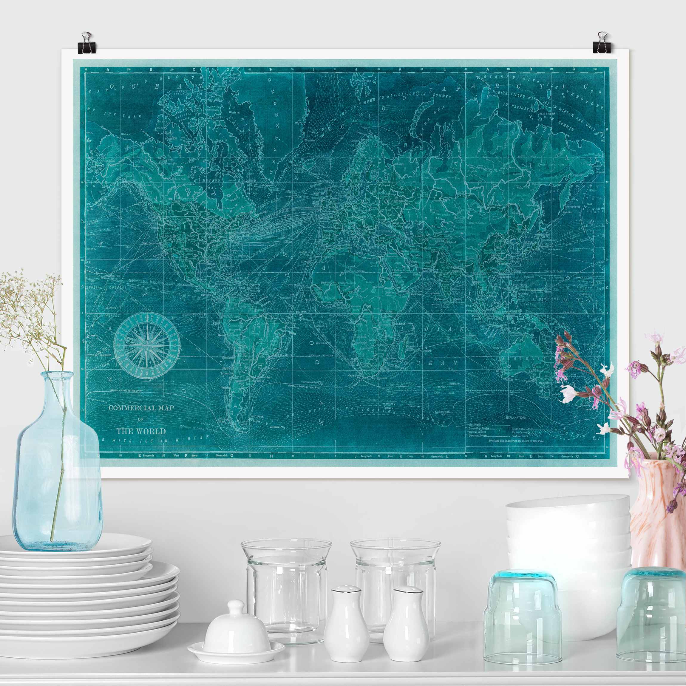 Poster Vintage Weltkarte Azurblau