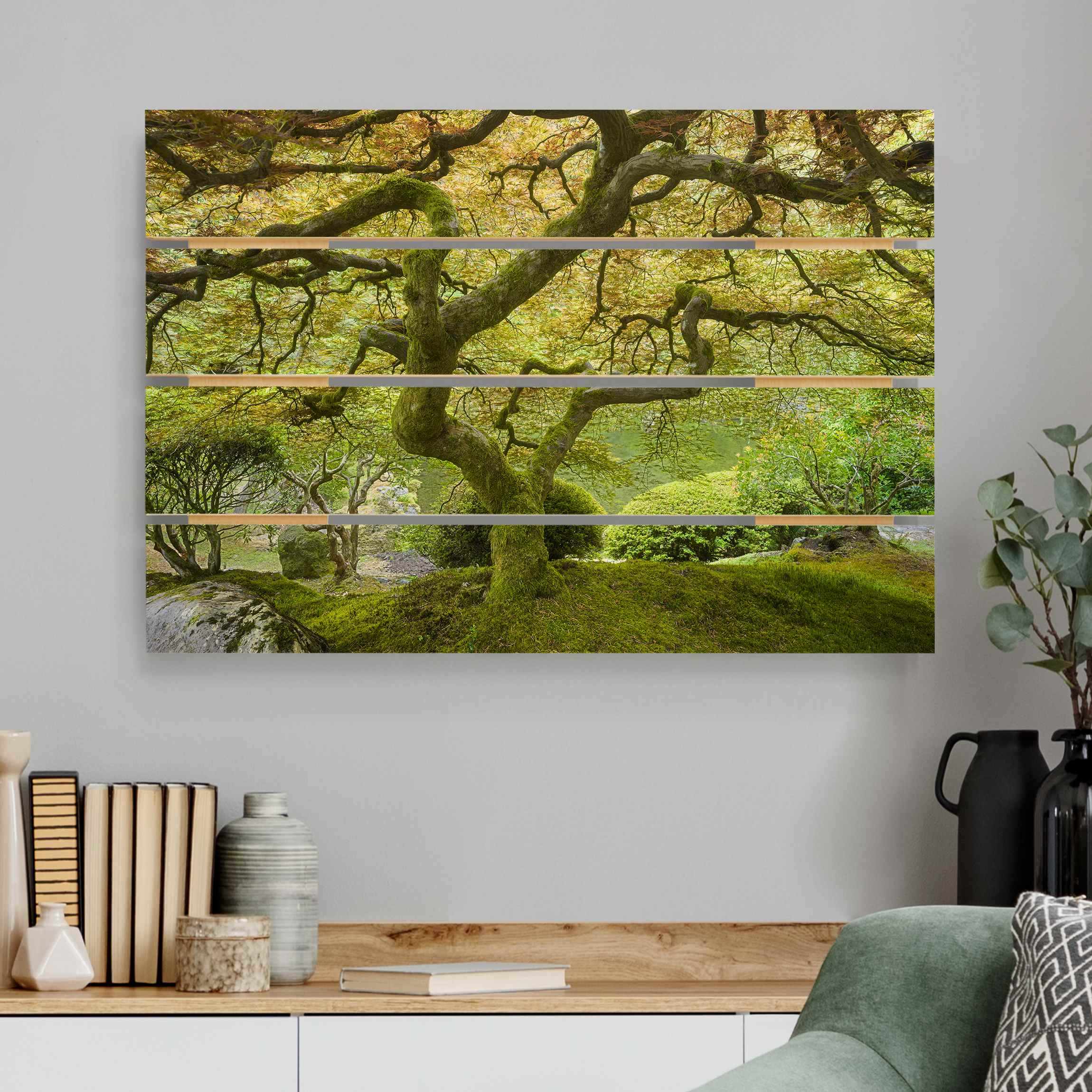 Holzbild Plankenoptik - Querformat Grüner Japanischer Garten