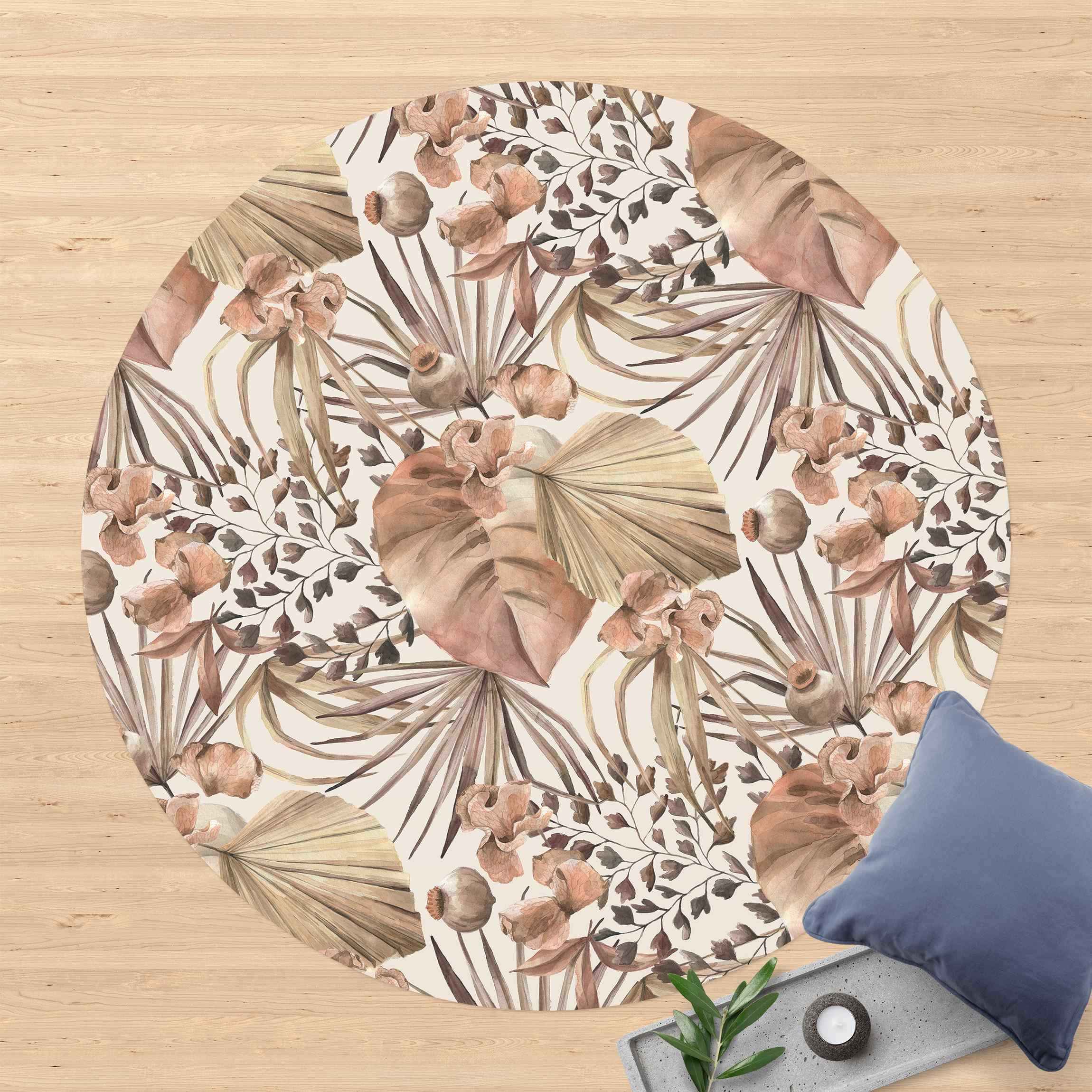 Runder Vinyl-Teppich Beige Palmenblätter