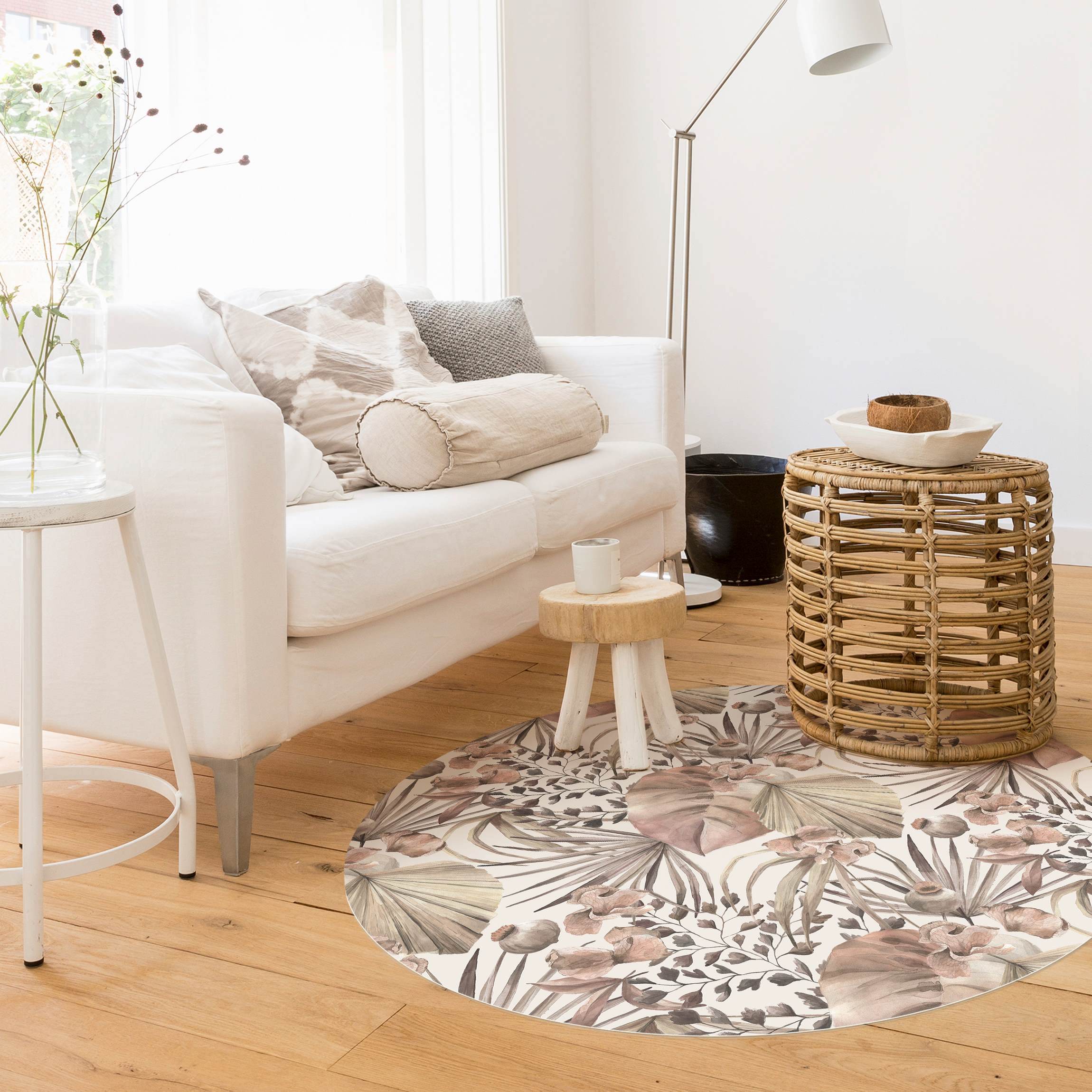 Runder Vinyl-Teppich Beige Palmenblätter