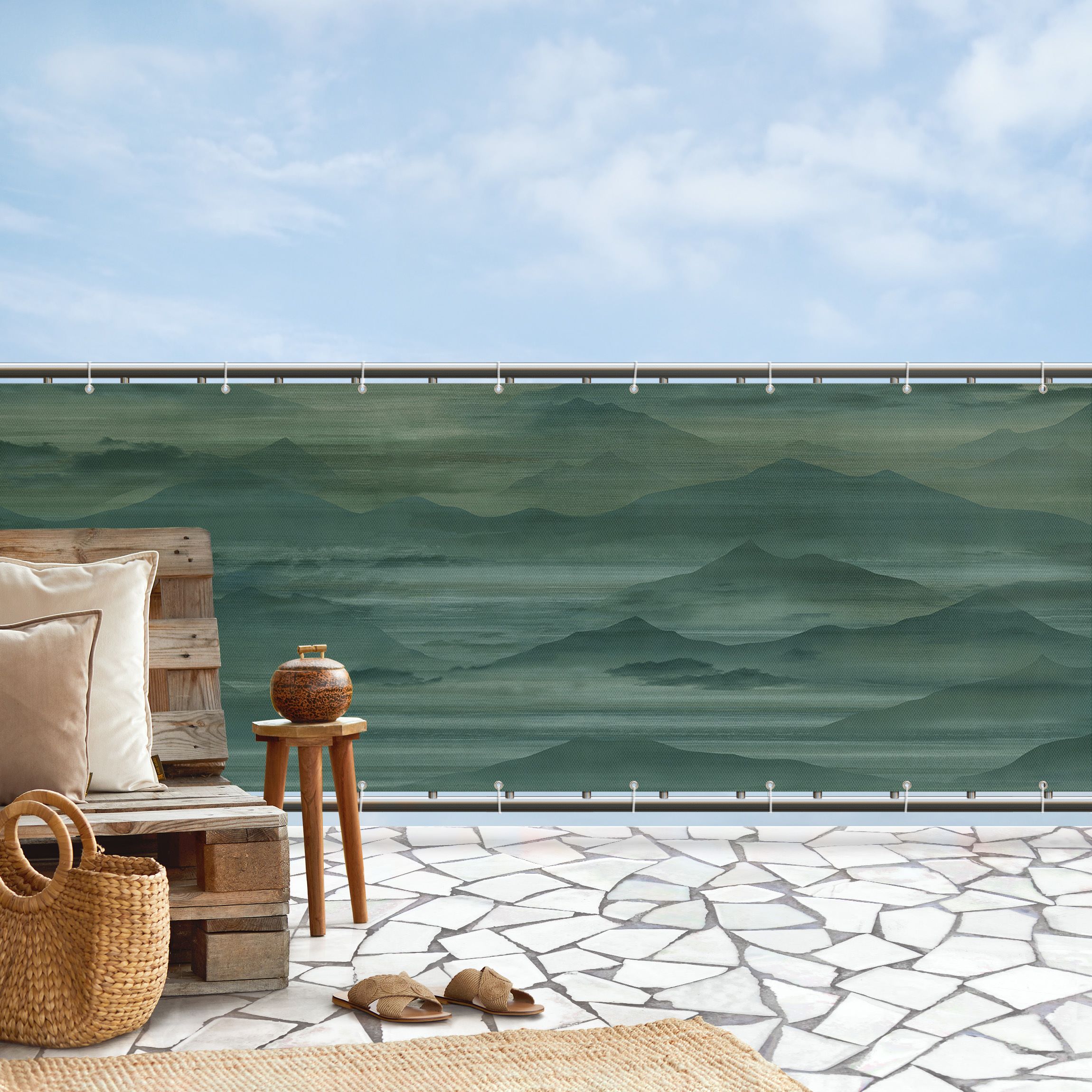 Balkon Sichtschutz Berge im Nebel Grün