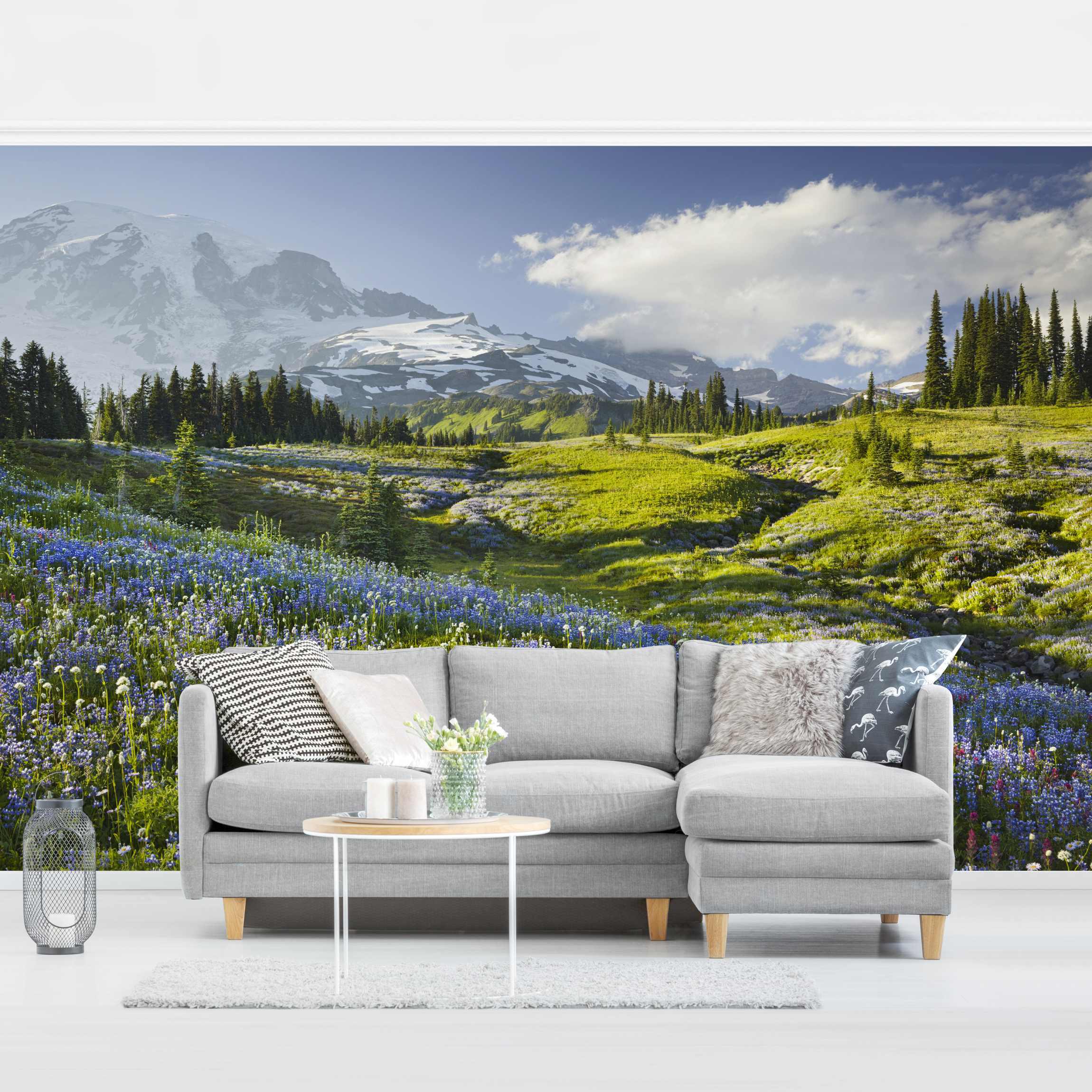 Fototapete Blumen Bergwiese mit blauen Blumen vor Mt. Rainier