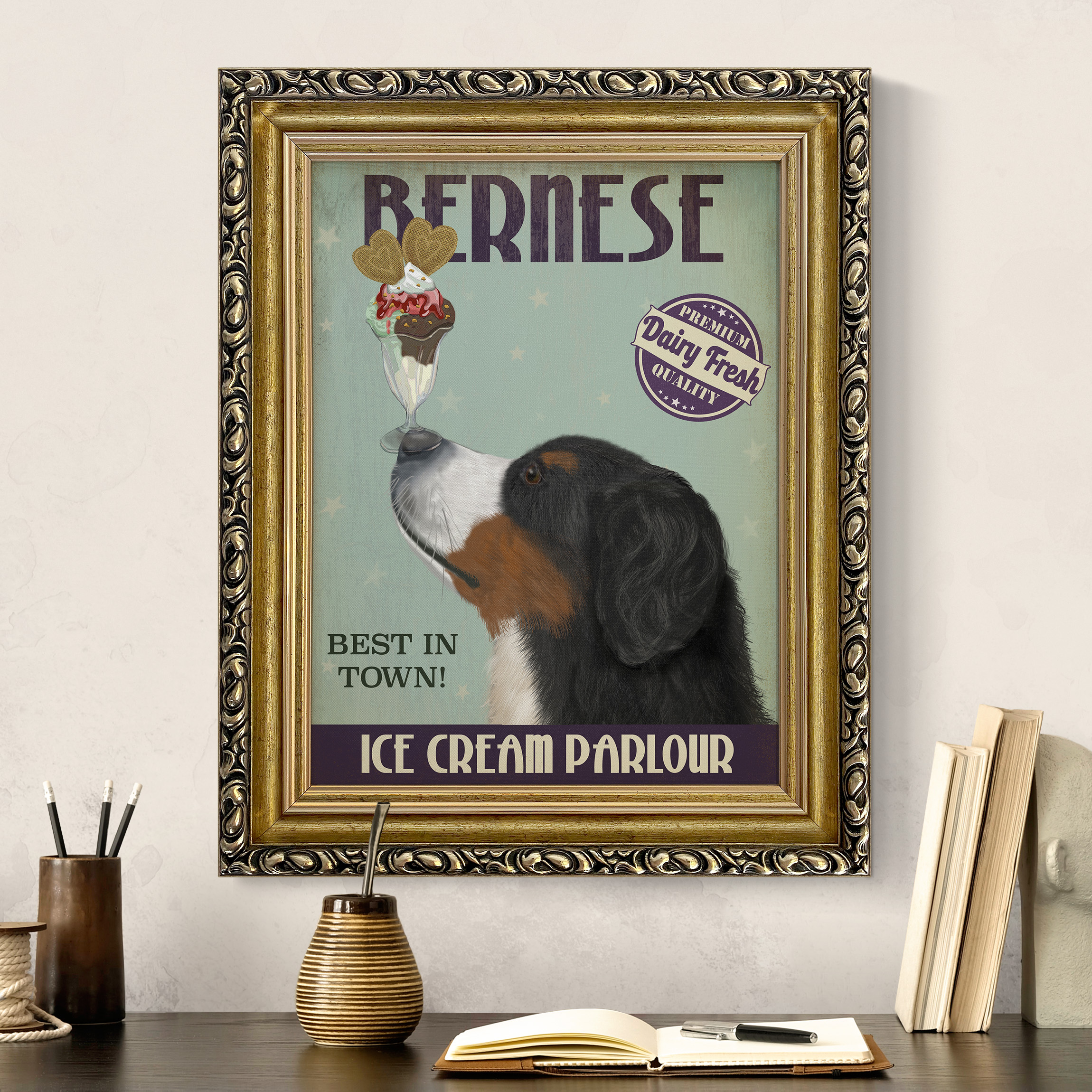 Leinwandbild mit Barockrahmen Berner Sennenhund mit Eis