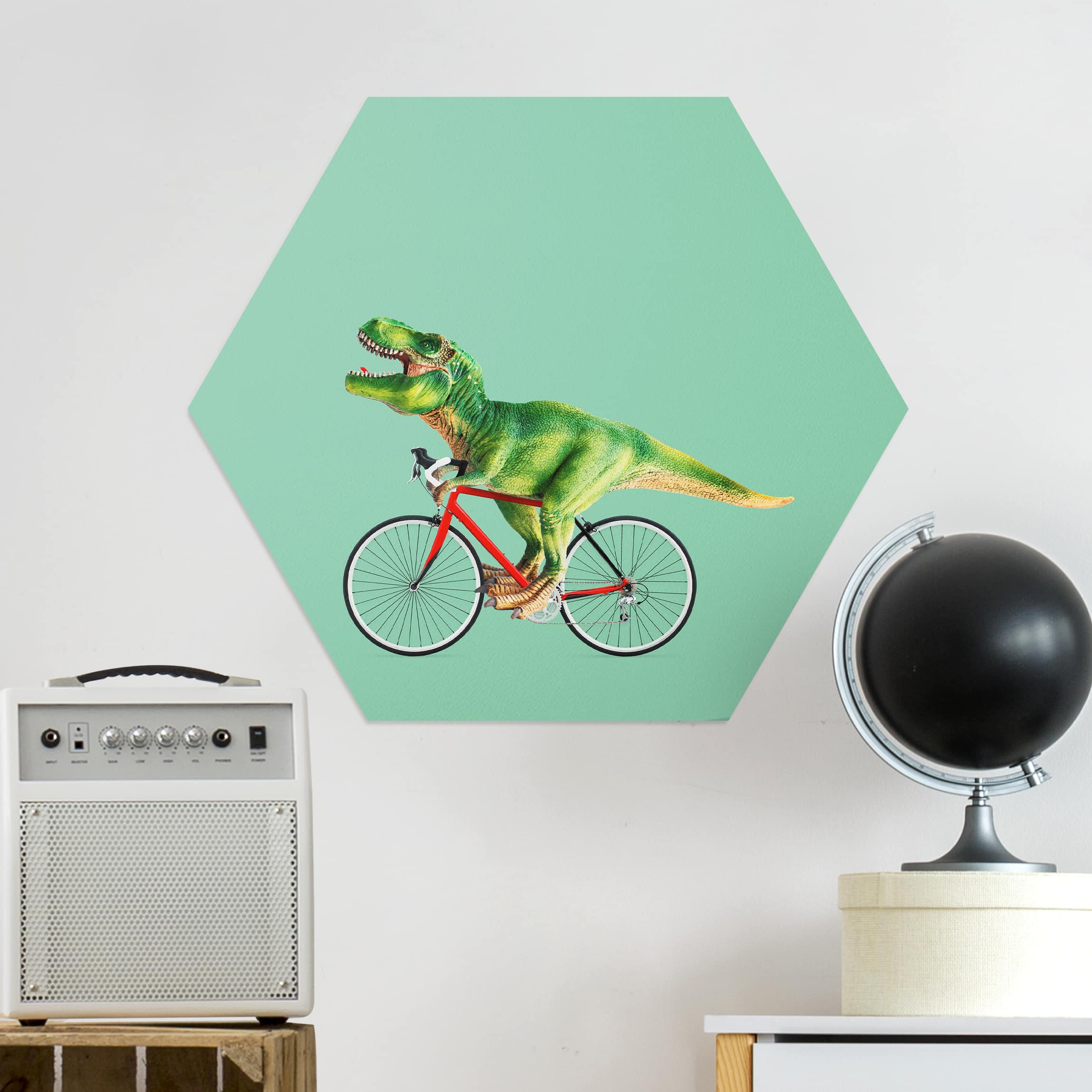 Hexagon-Alu-Dibond Bild Dinosaurier mit Fahrrad