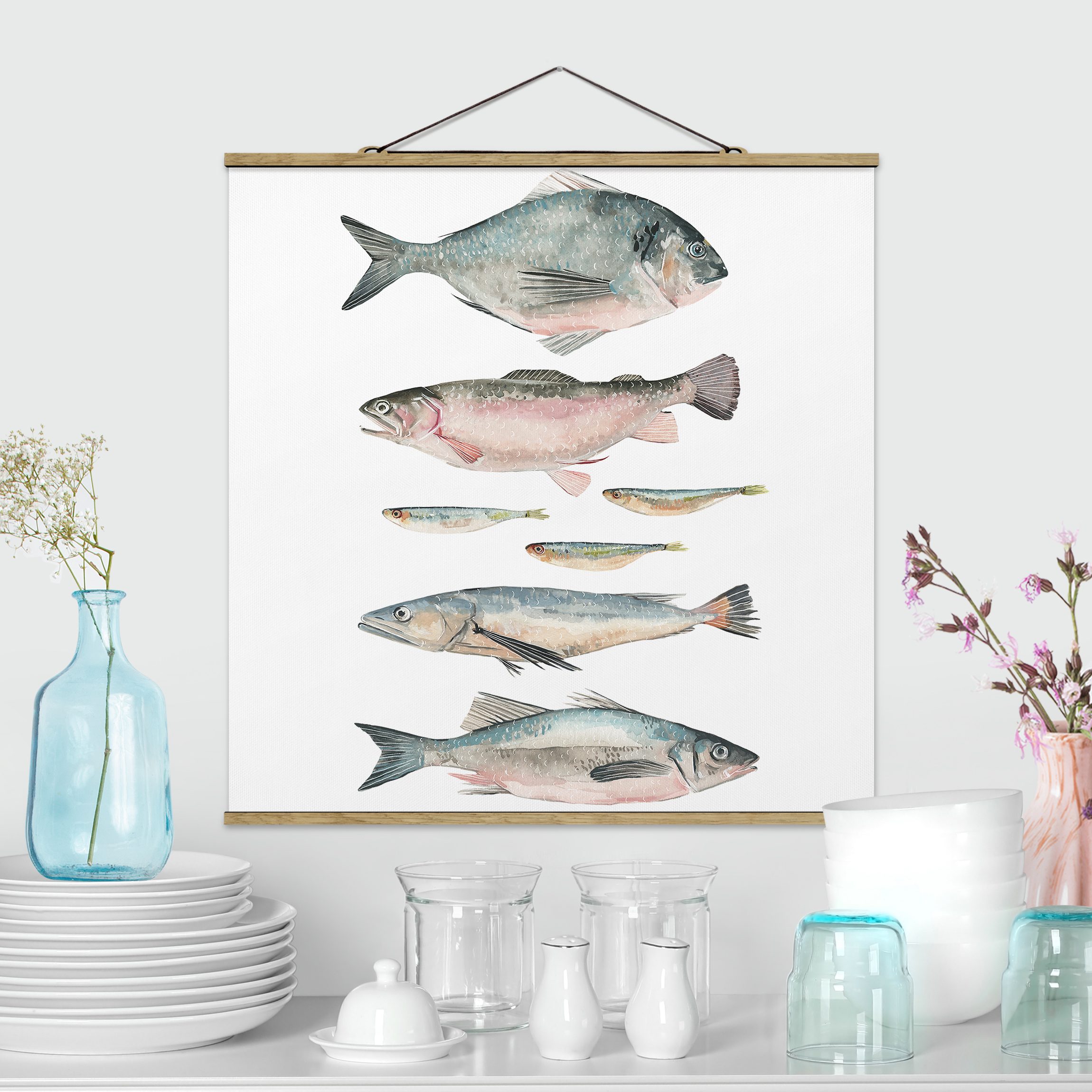 Stoffbild mit Posterleisten Sieben Fische in Aquarell II