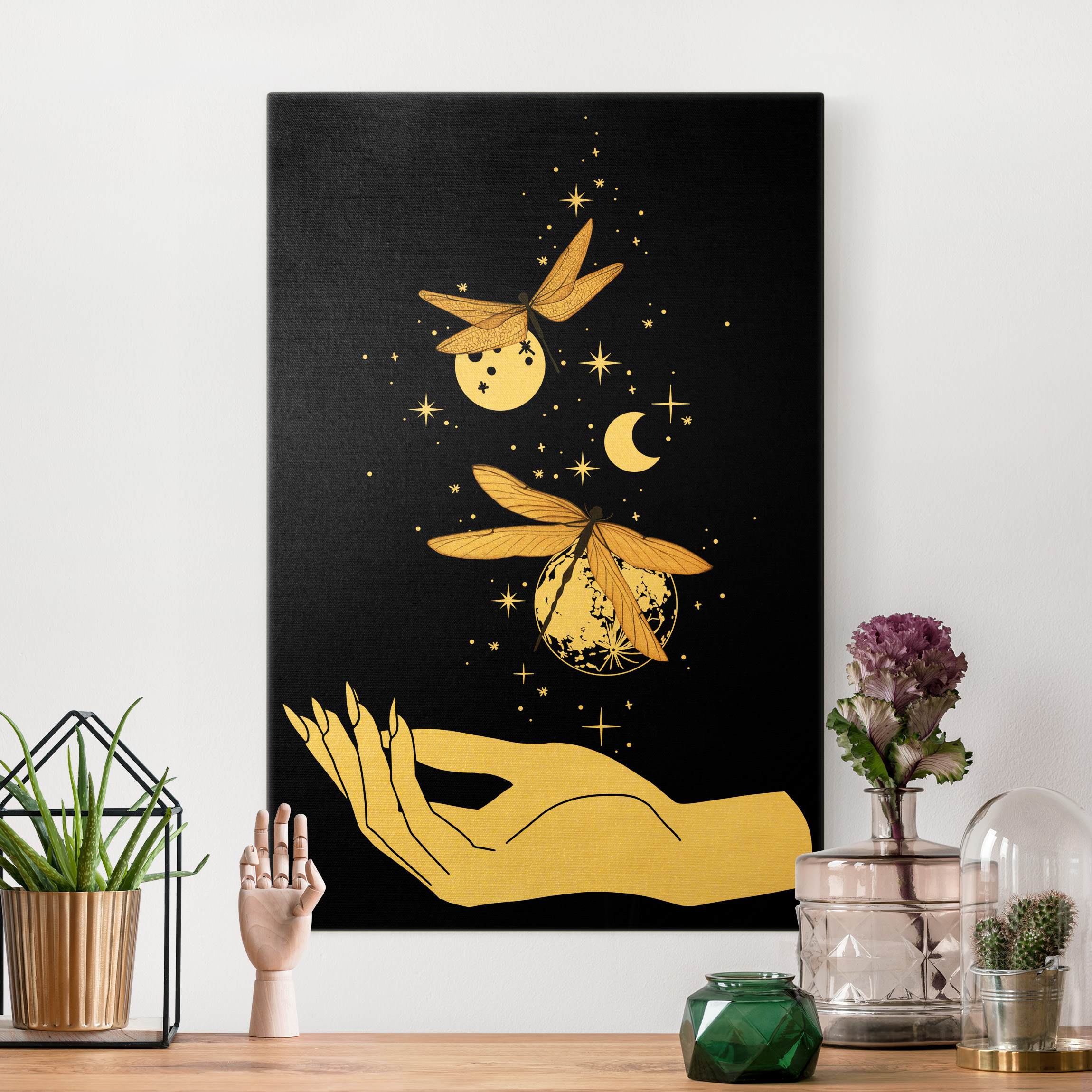 Leinwandbild Zaubernde Hand - Libellen und Planeten