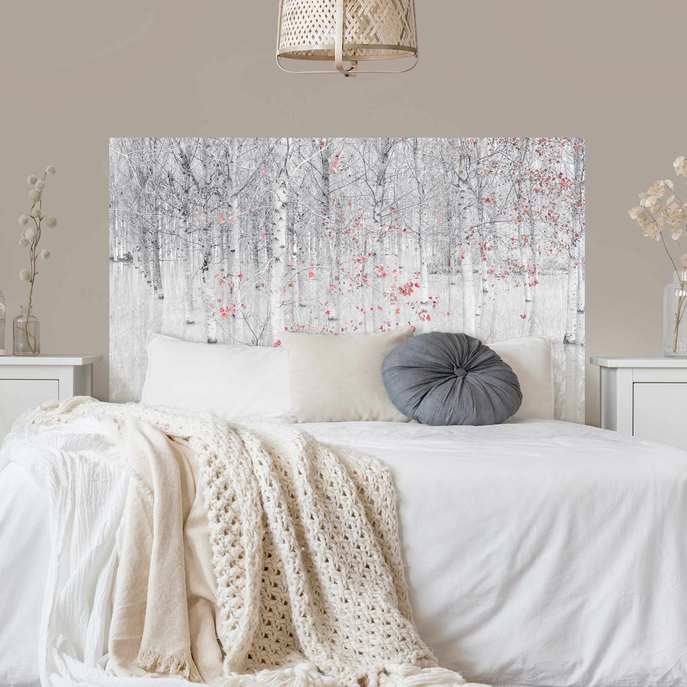 Kopfteil Bett Birkenwald mit rosa Blättern