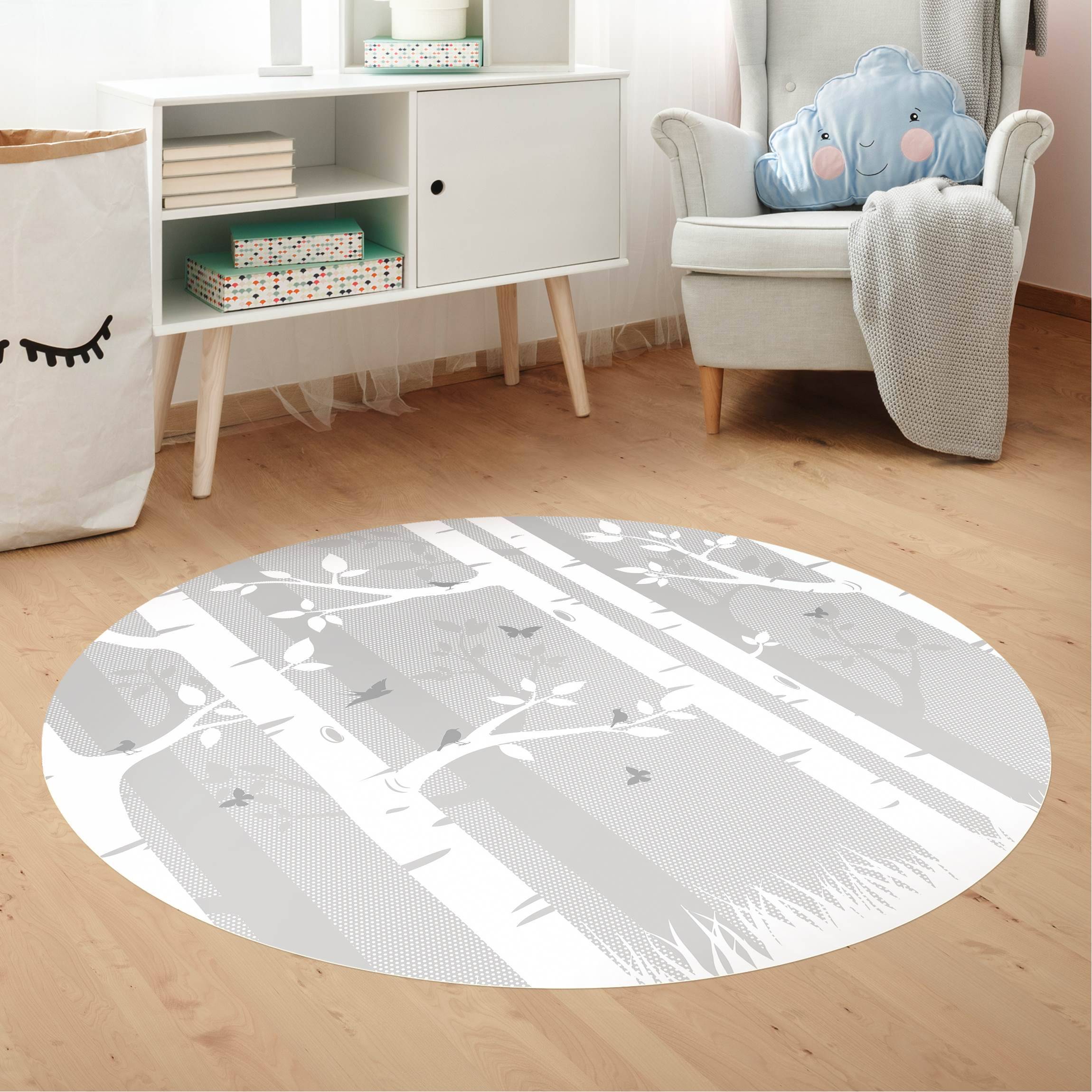 Runder Vinyl-Teppich Birkenwald mit Schmetterlingen und Vögel