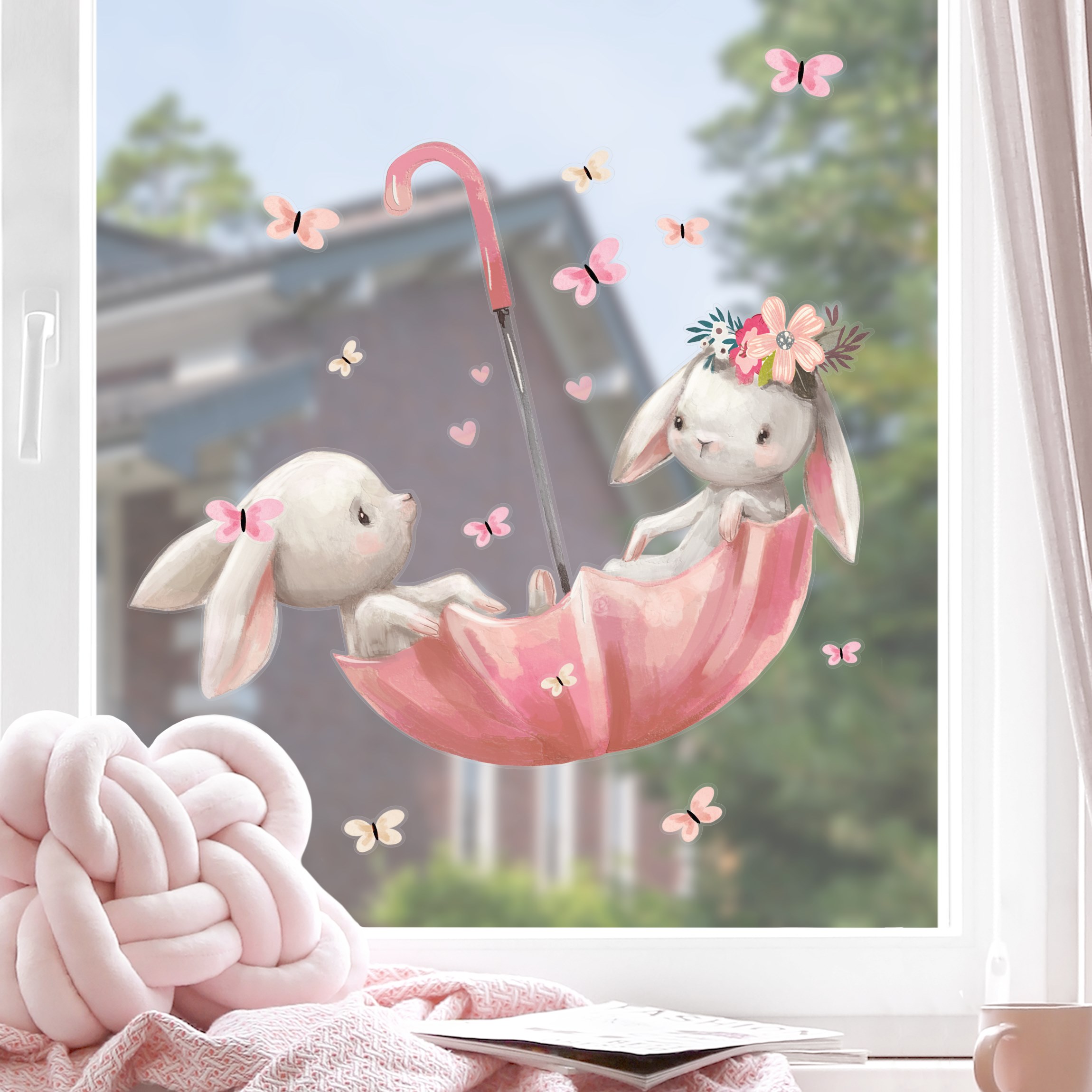 Fensteraufkleber Bis zum Mond Hasen im Regenschirm