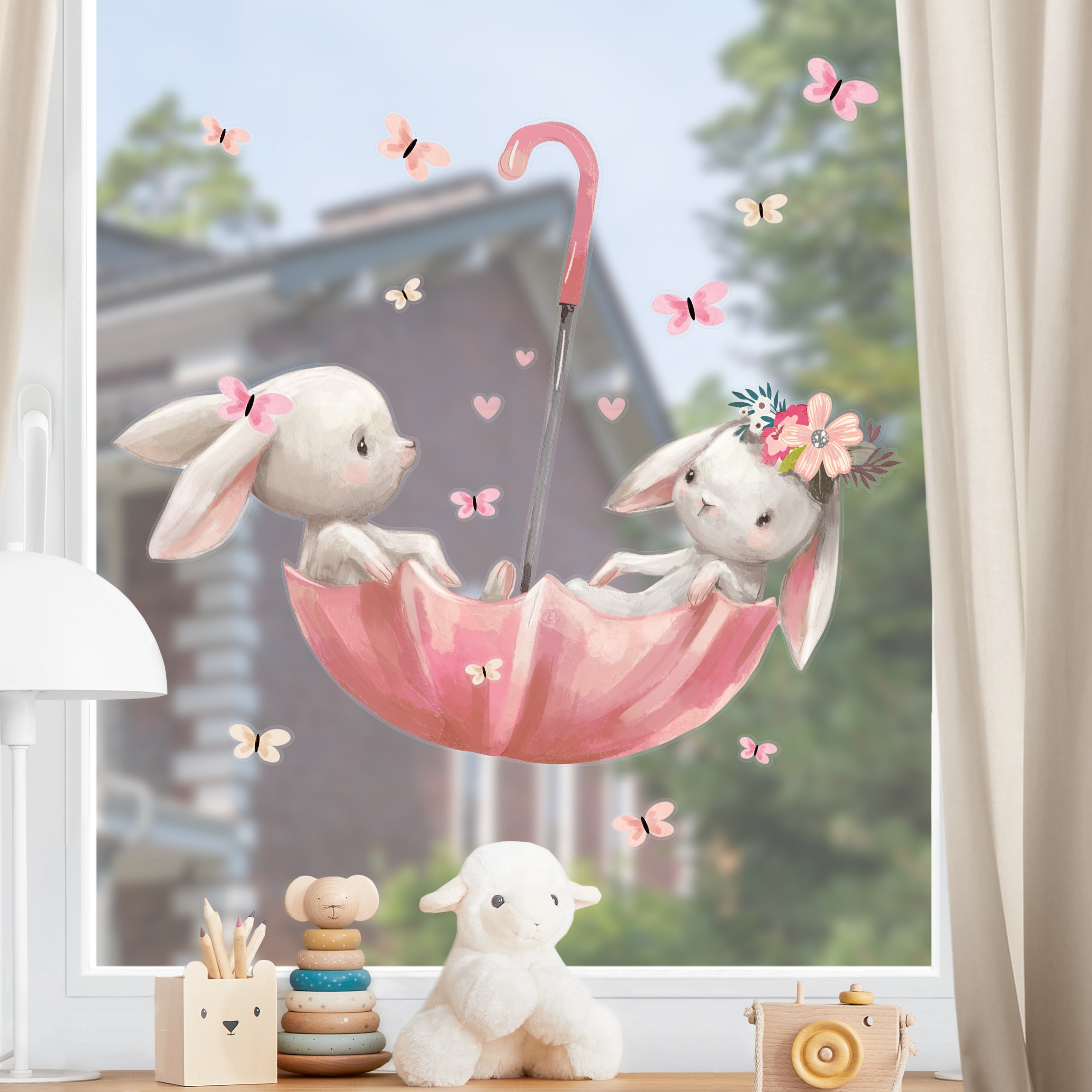 Fensteraufkleber Bis zum Mond Hasen im Regenschirm