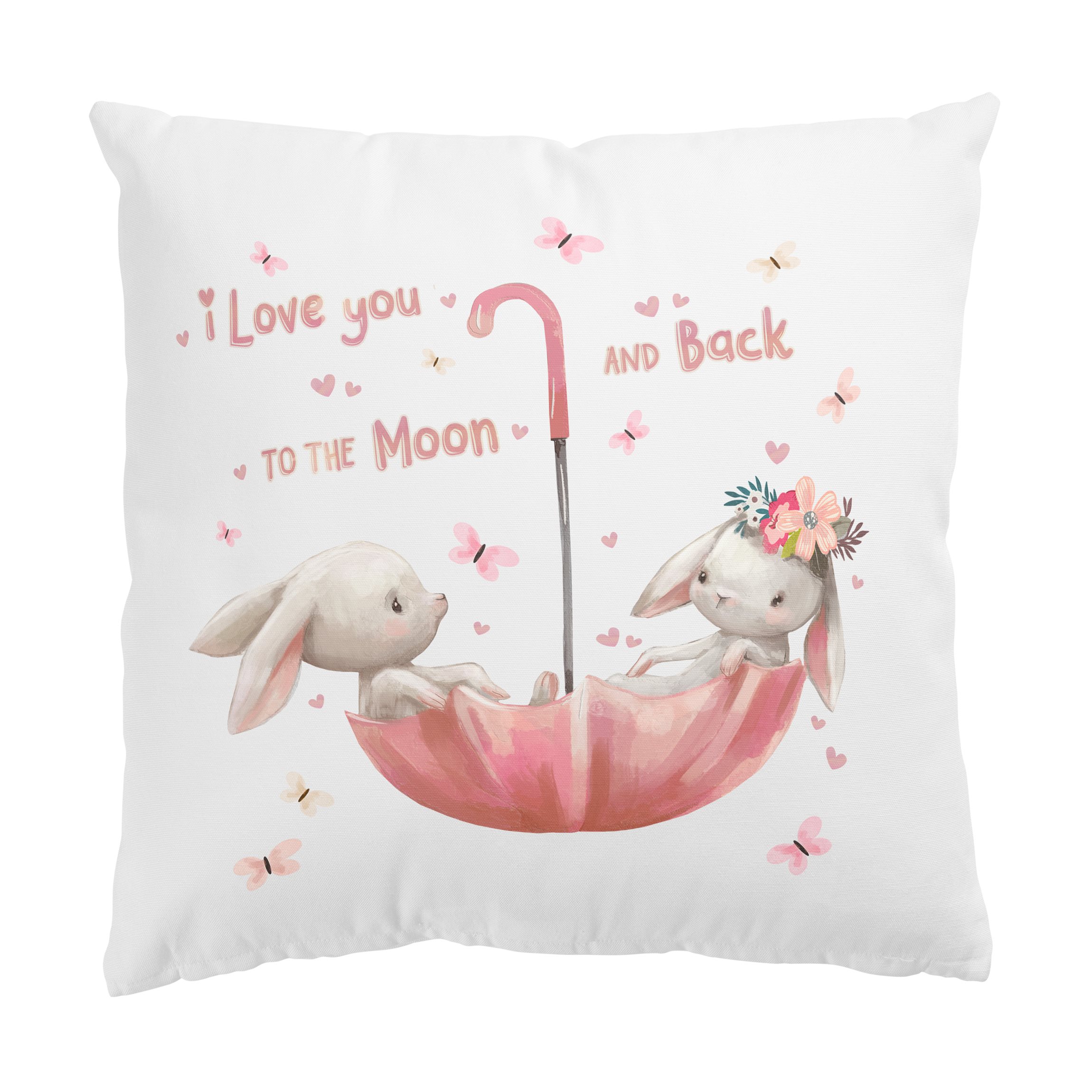 Dekokissen Bis zum Mond Hasen im Regenschirm