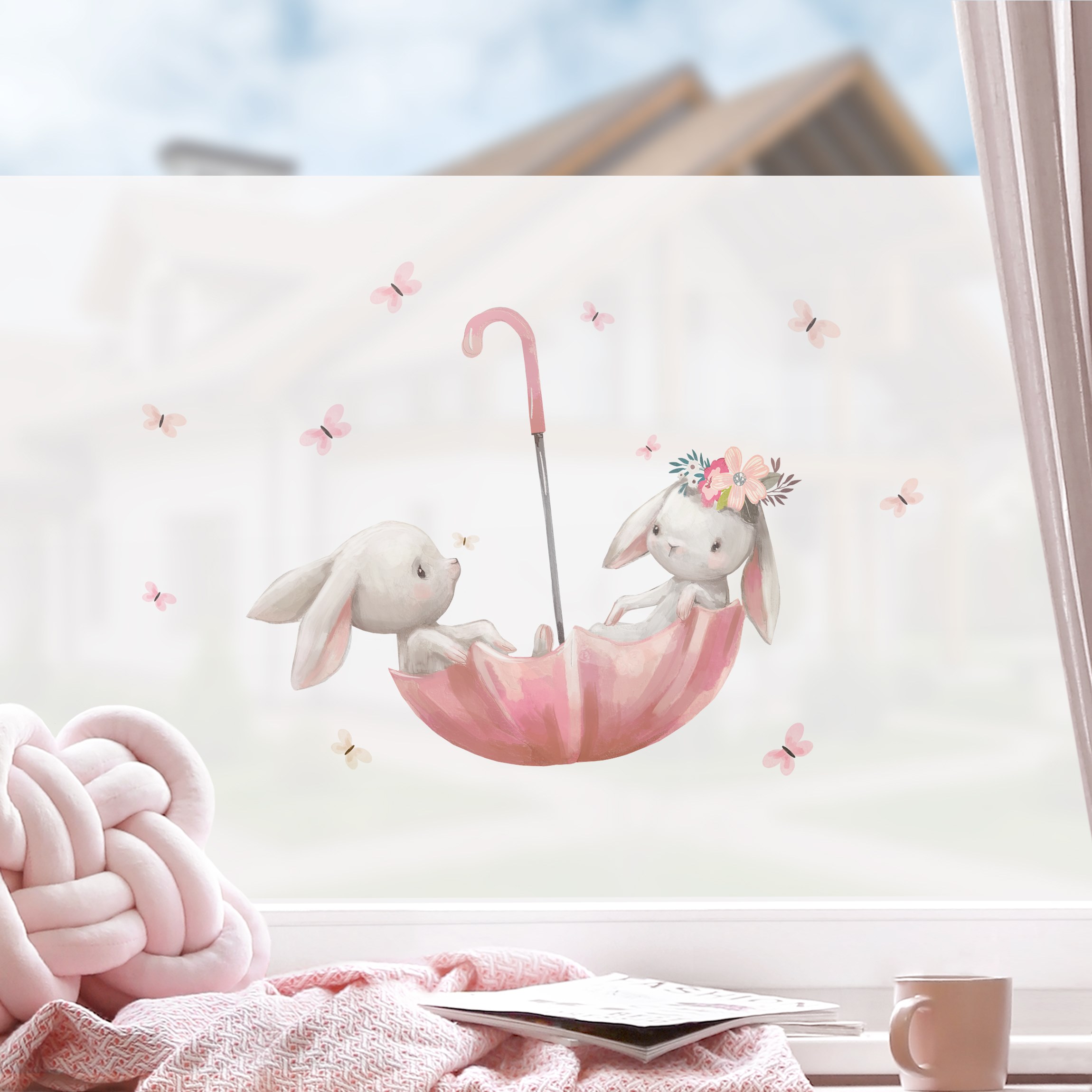 Fensterfolie Bis zum Mond Hasen im Regenschirm