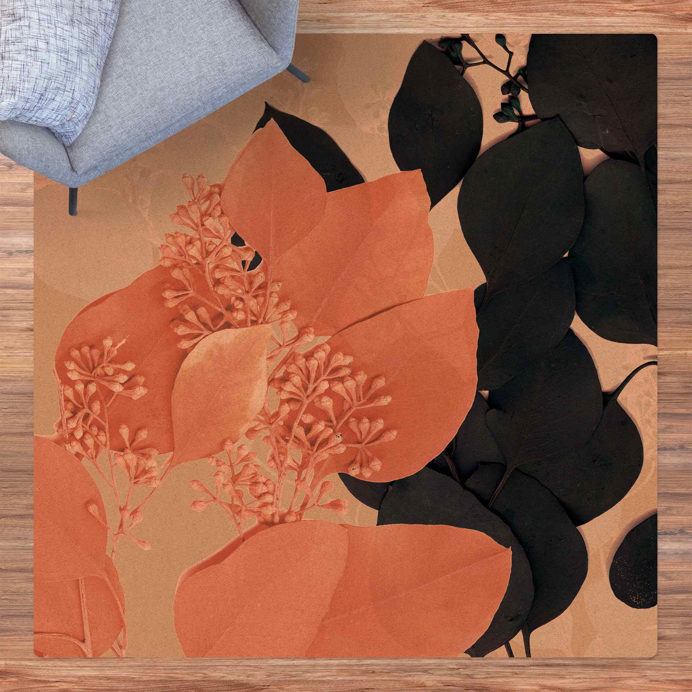 Kork-Teppich Blätter Indigo & Rouge III