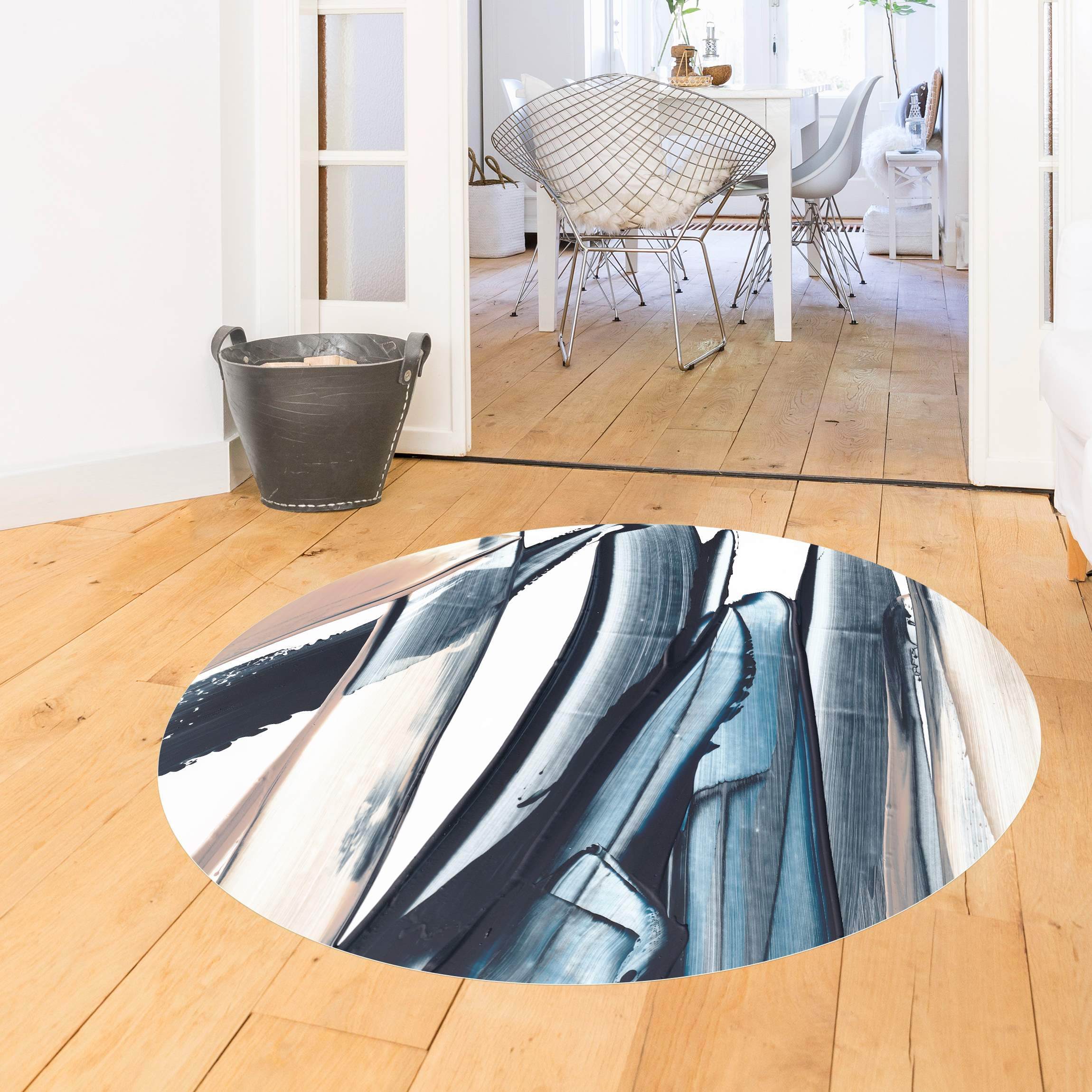 Runder Vinyl-Teppich Blau und Beige Streifen