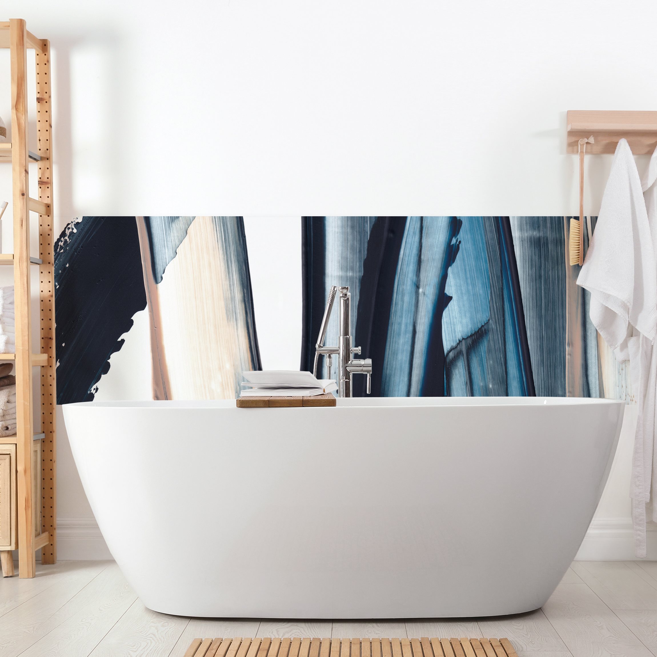 Wandverkleidung Bad Blau und Beige Streifen