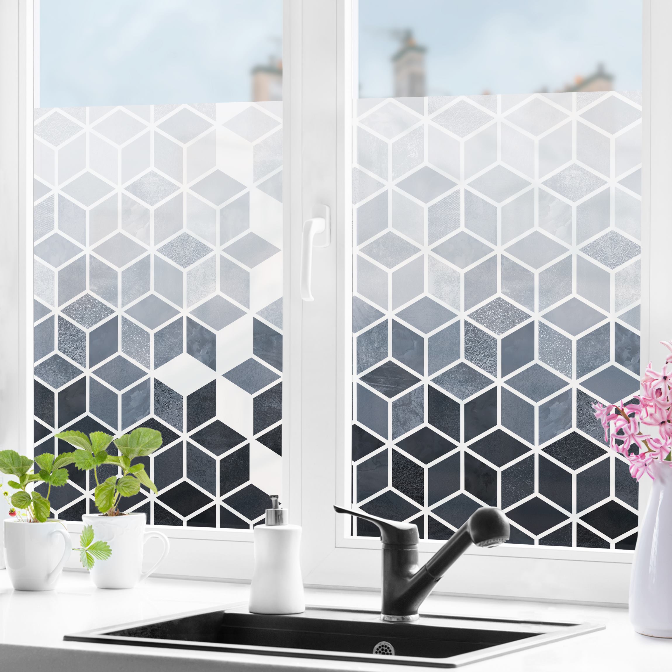 Fensterfolie Blau Weiß Geometrie