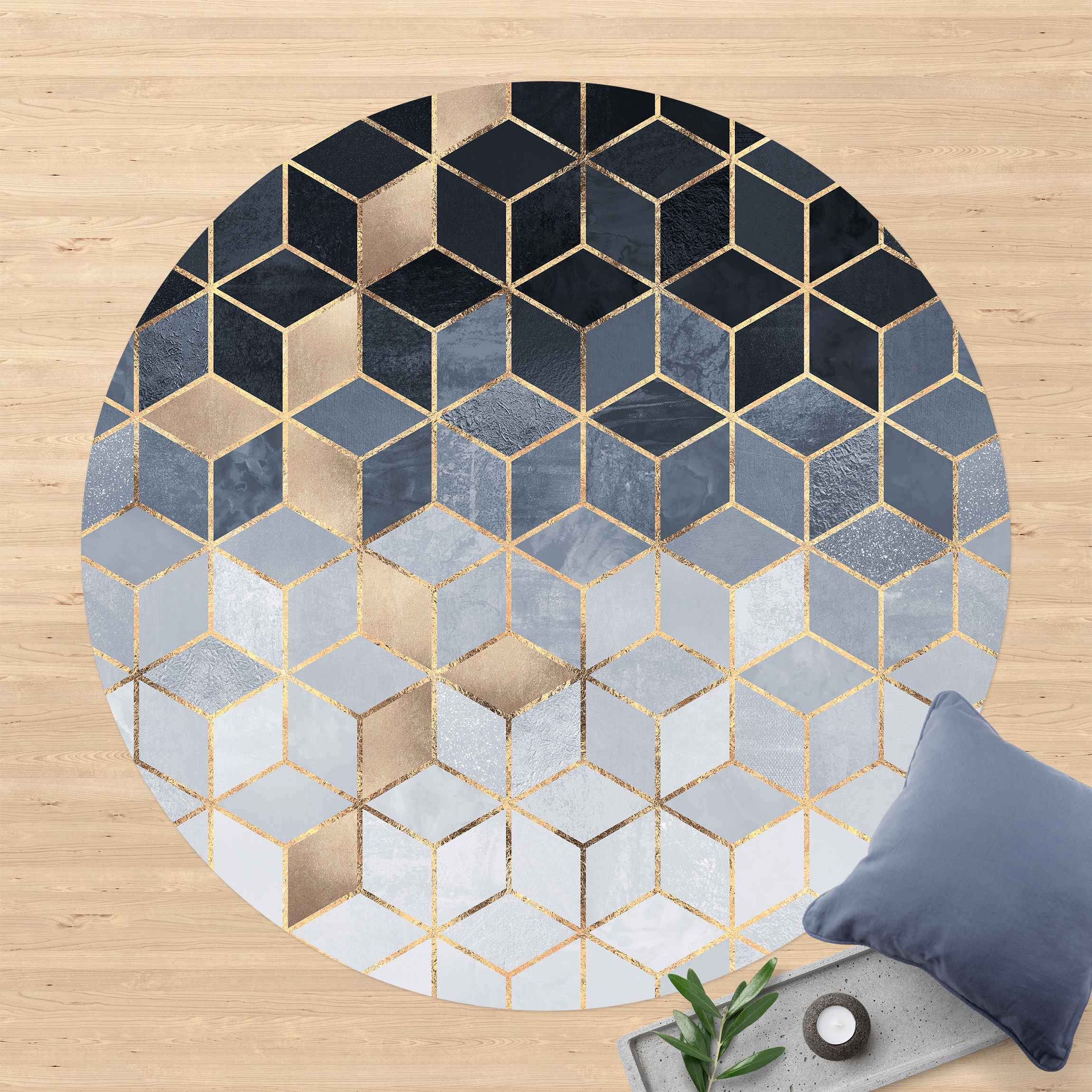Runder Vinyl-Teppich Blau Weiß goldene Geometrie