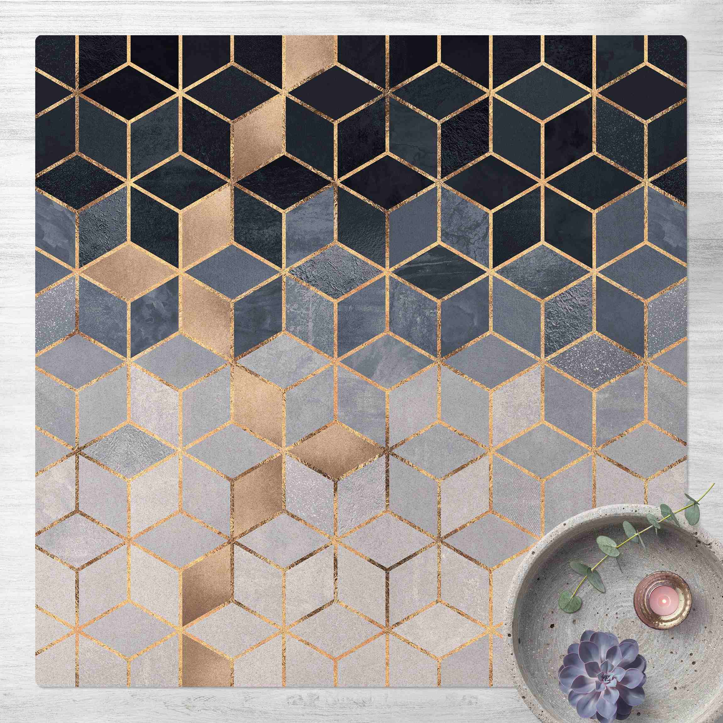 Kork-Teppich Blau Weiß goldene Geometrie