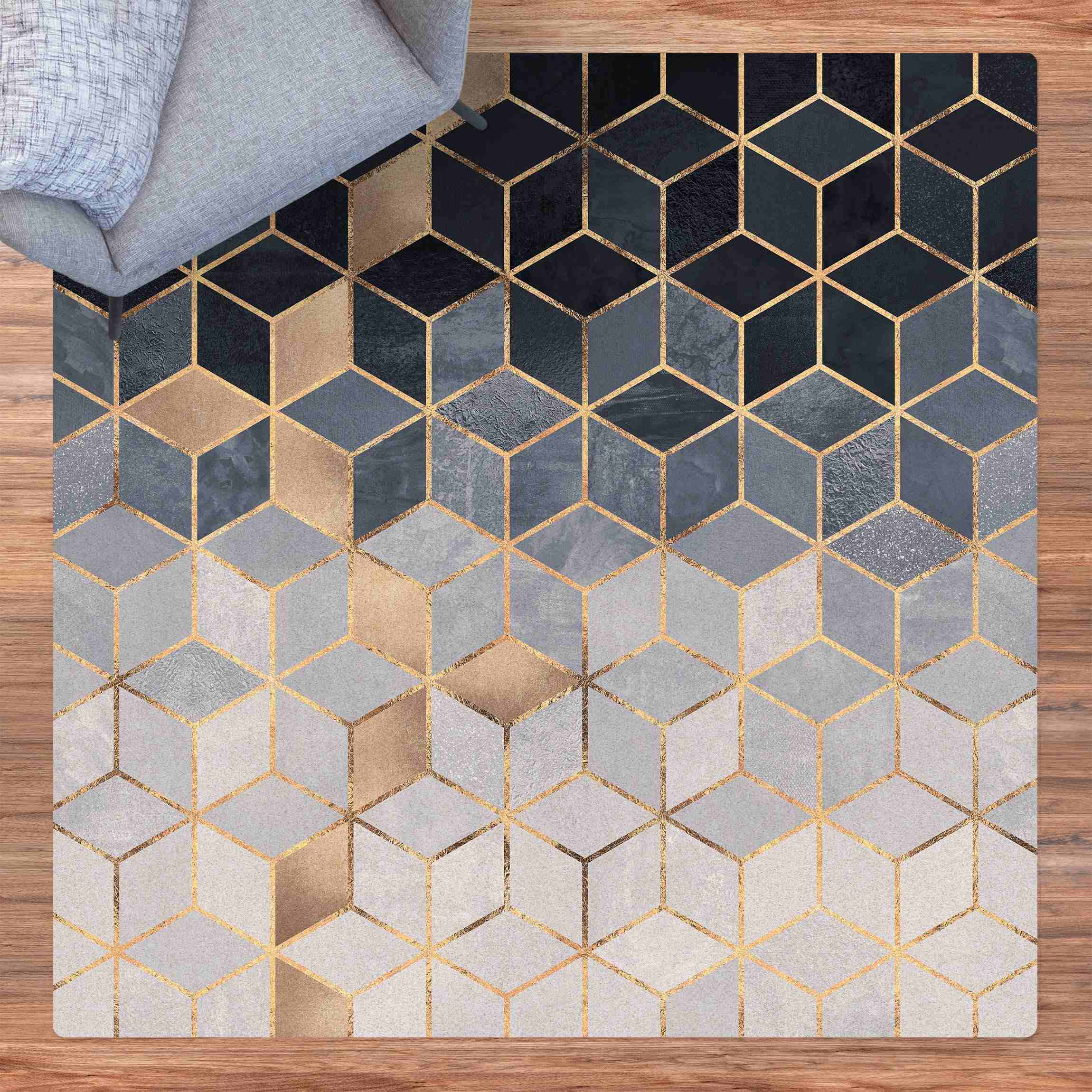 Kork-Teppich Blau Weiß goldene Geometrie