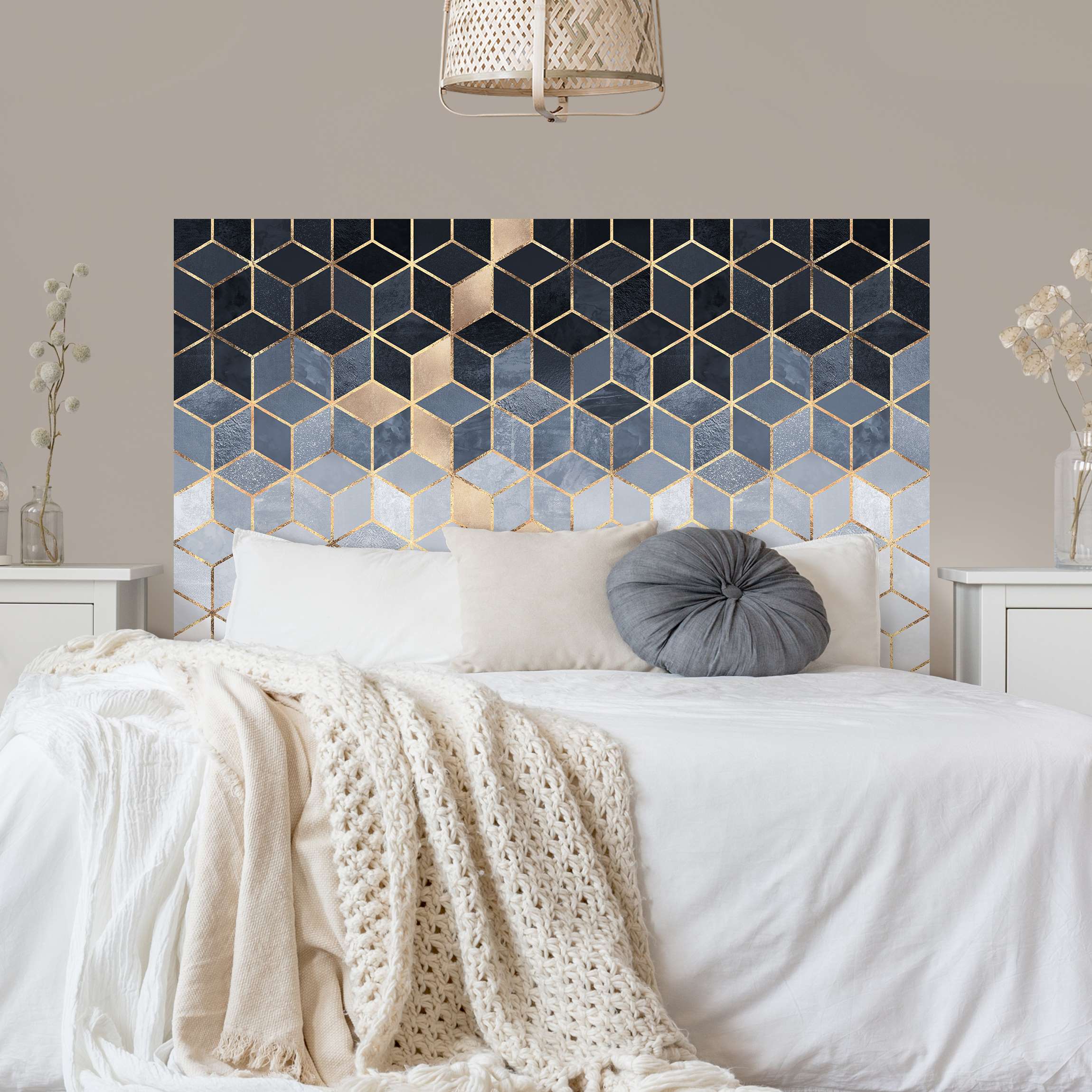 Kopfteil Bett Blau Weiß goldene Geometrie