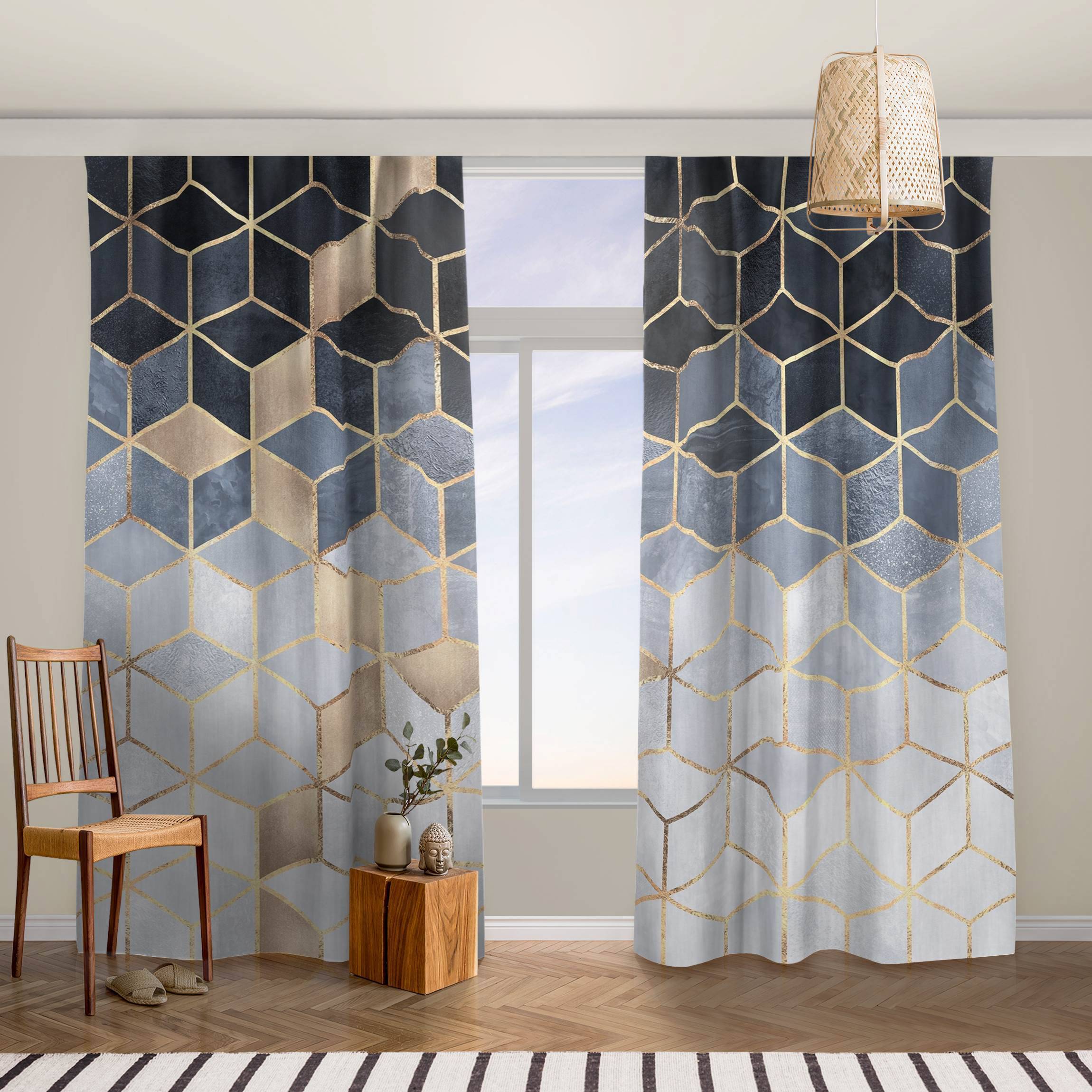 Vorhang Blau Weiß goldene Geometrie