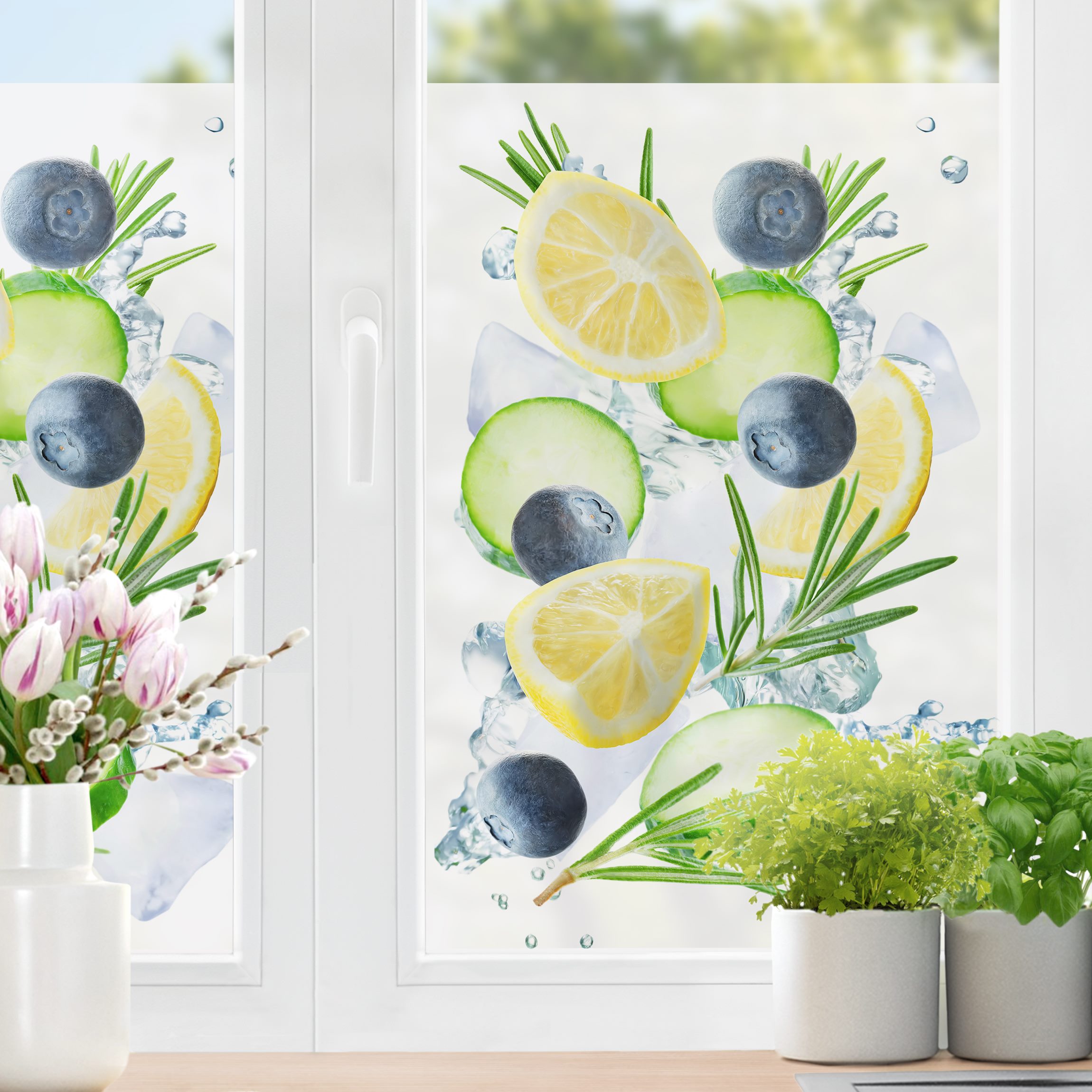 Fensterfolie Blaubeeren Zitronen Eiswürfel Splash