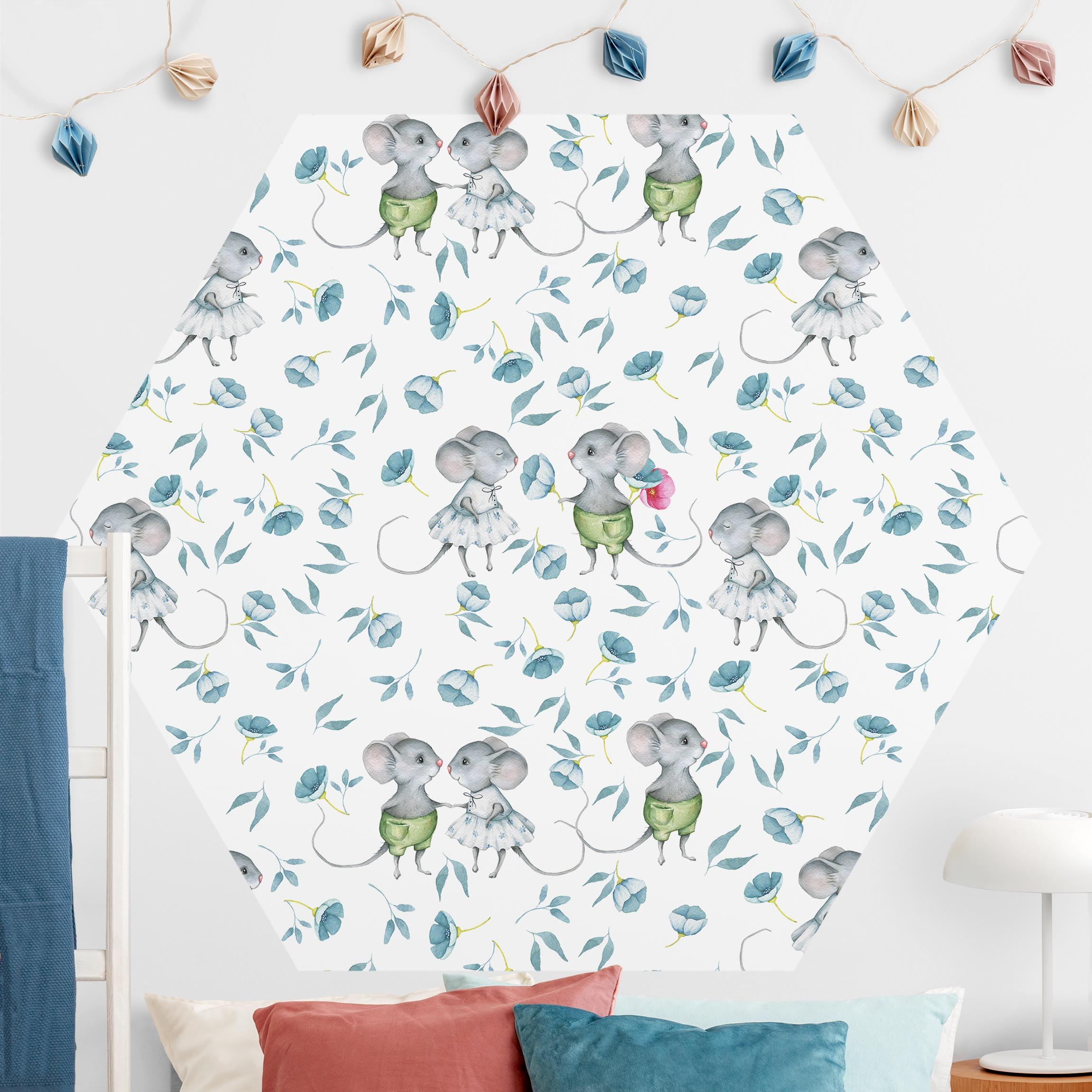 Hexagon Fototapete Blaue Blumen mit Mäusen