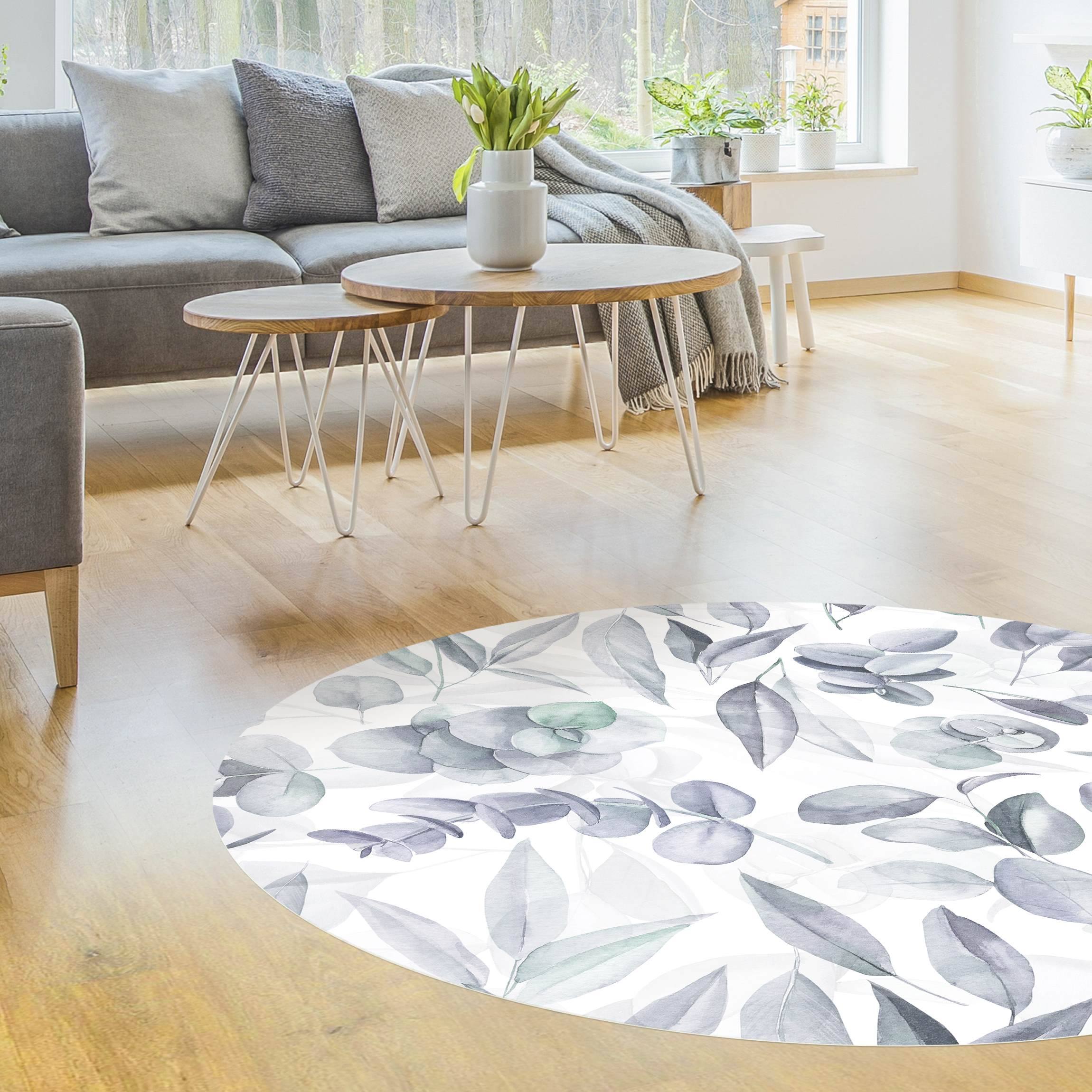 Runder Vinyl-Teppich Blaue Eukalyptus Aquarellblätter