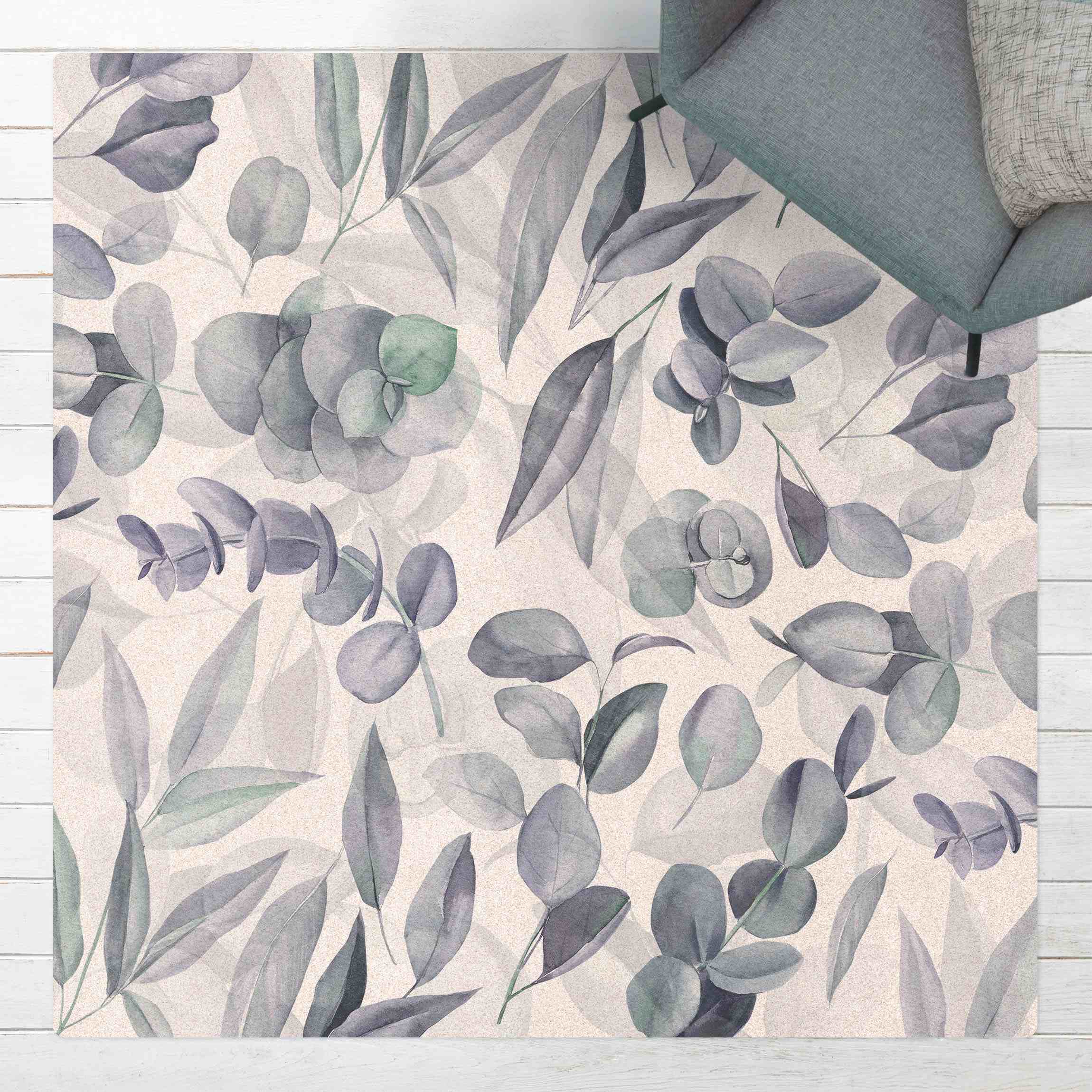 Kork-Teppich Blaue Eukalyptus Aquarellblätter