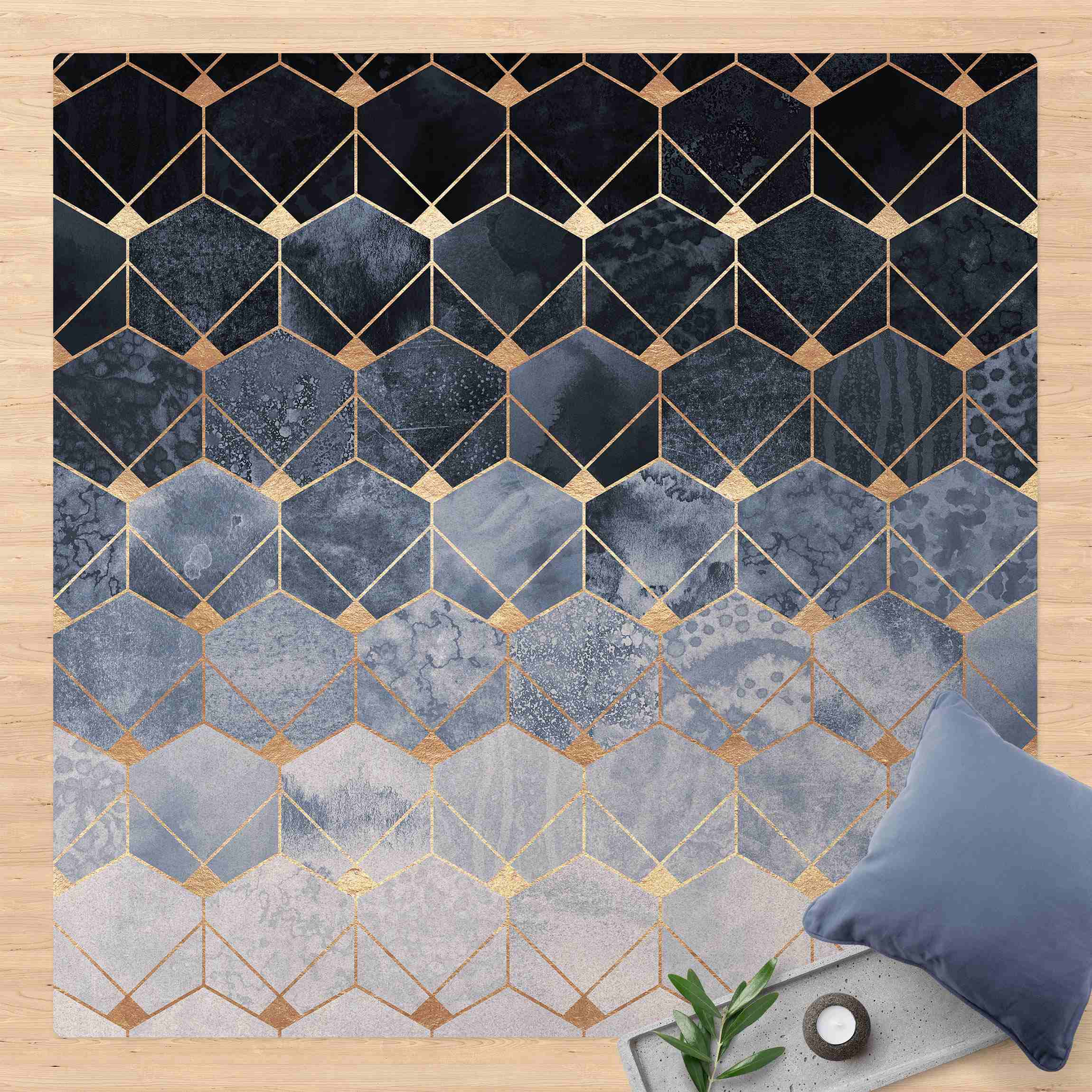 Kork-Teppich Blaue Geometrie goldenes Art Deco