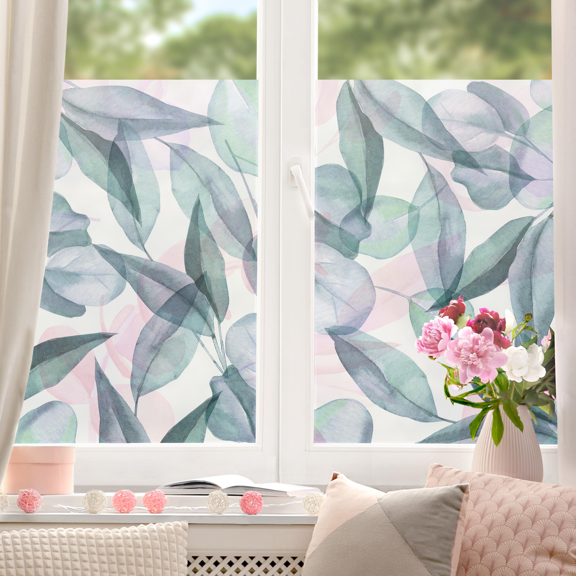 Fensterfolie Blaue und Rosane Eukalyptus Aquarellblätter