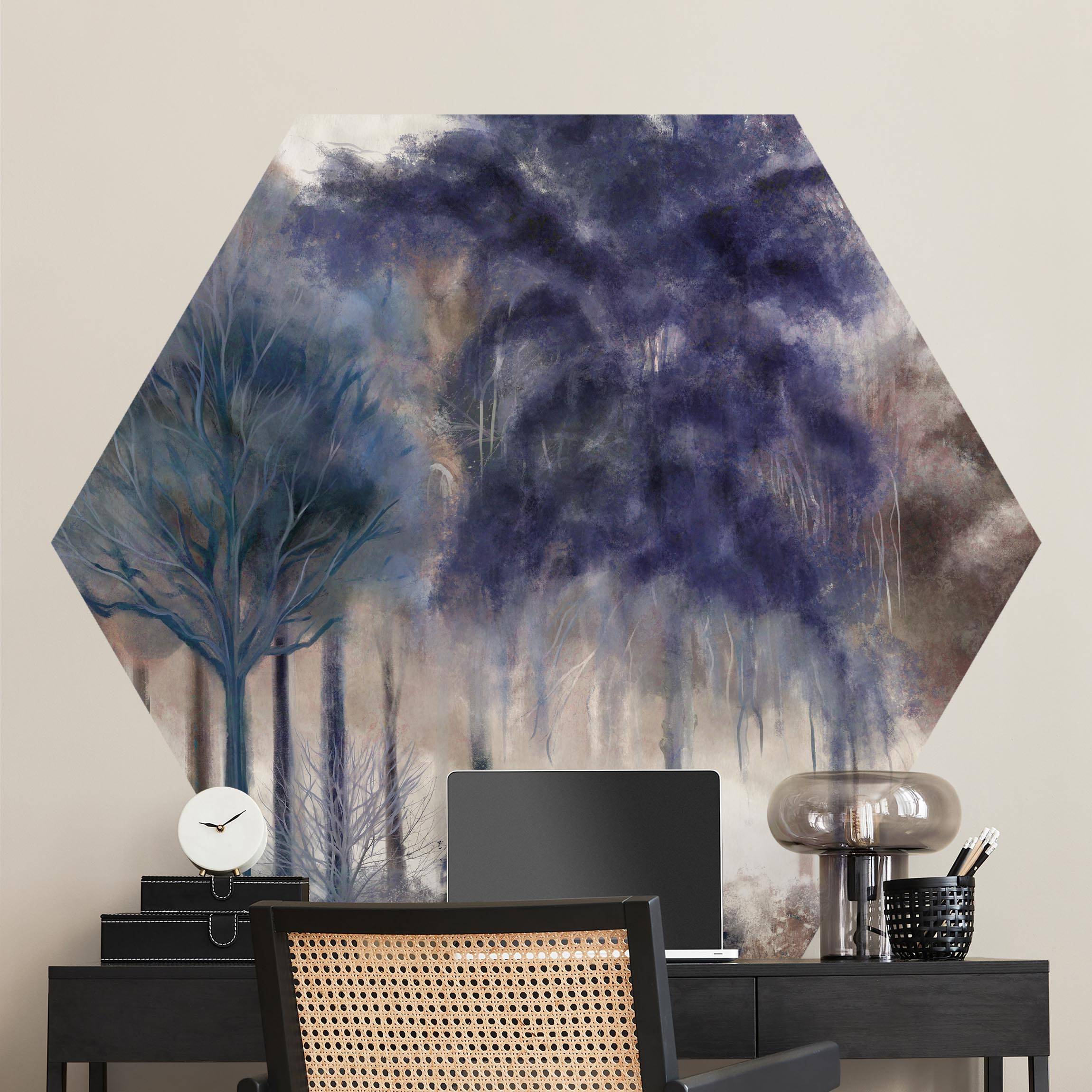 Hexagon Tapete selbstklebend Blaue Wald Malerei