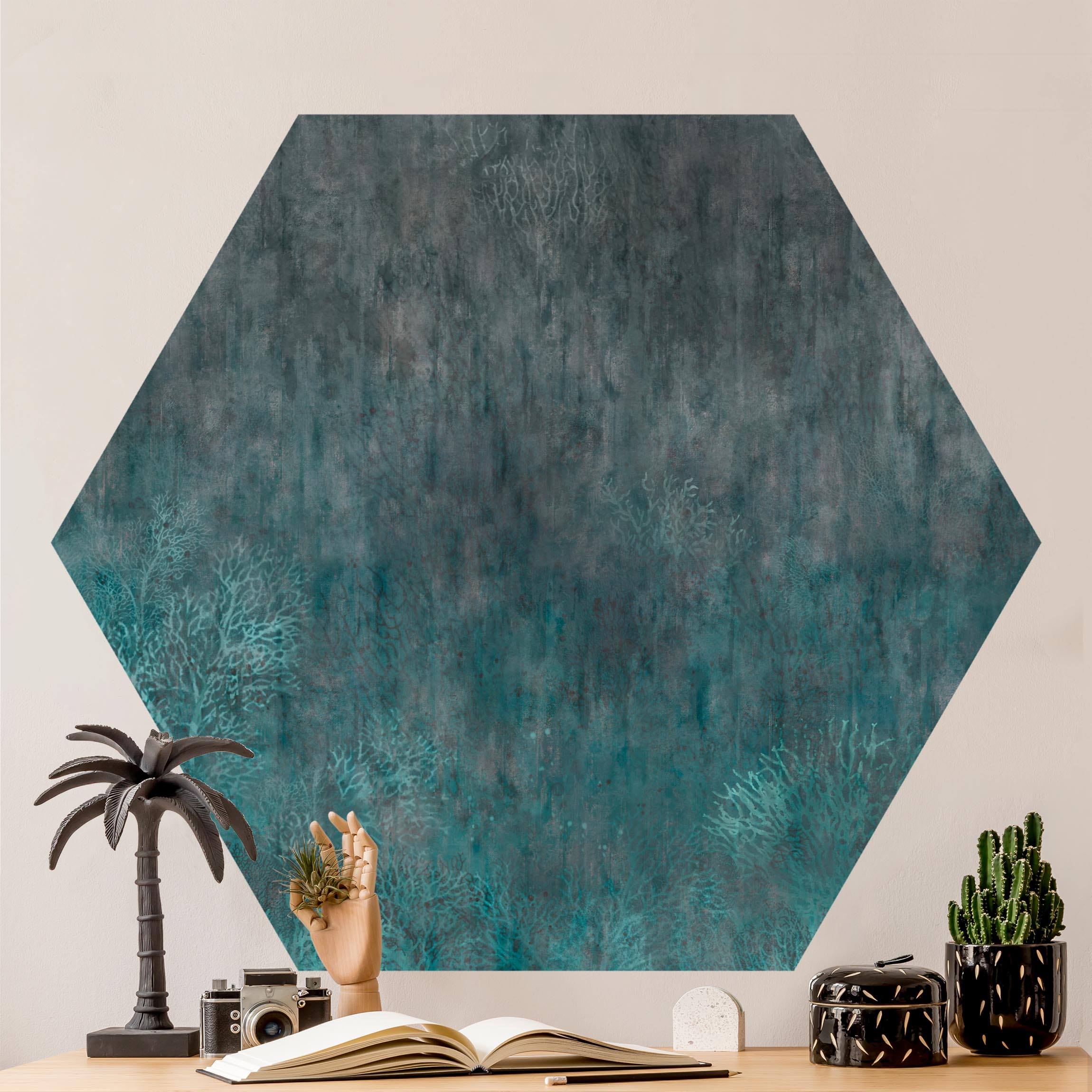 Hexagon Tapete selbstklebend Blauer Korallengrund