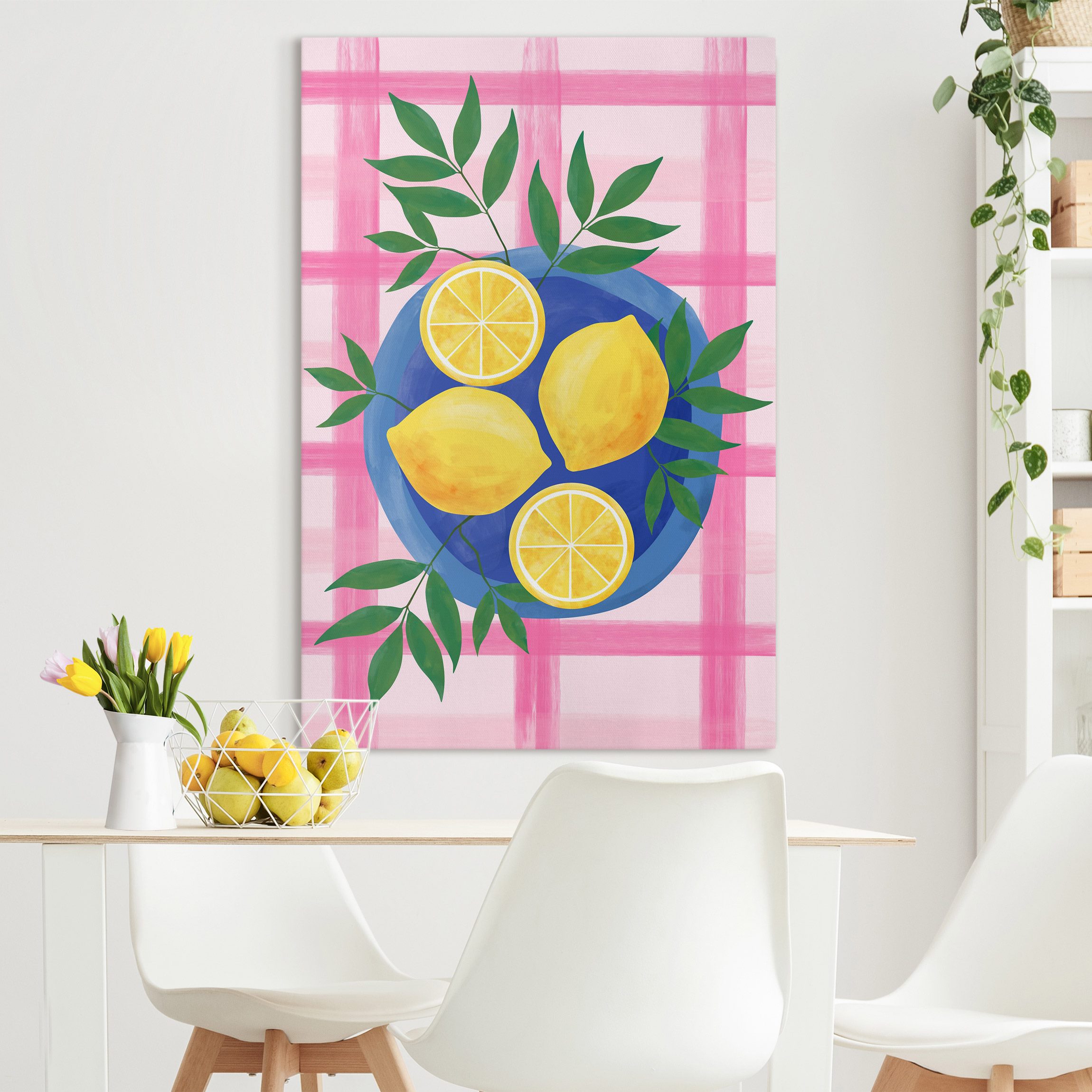 Leinwandbild Blauer Teller mit Zitronen