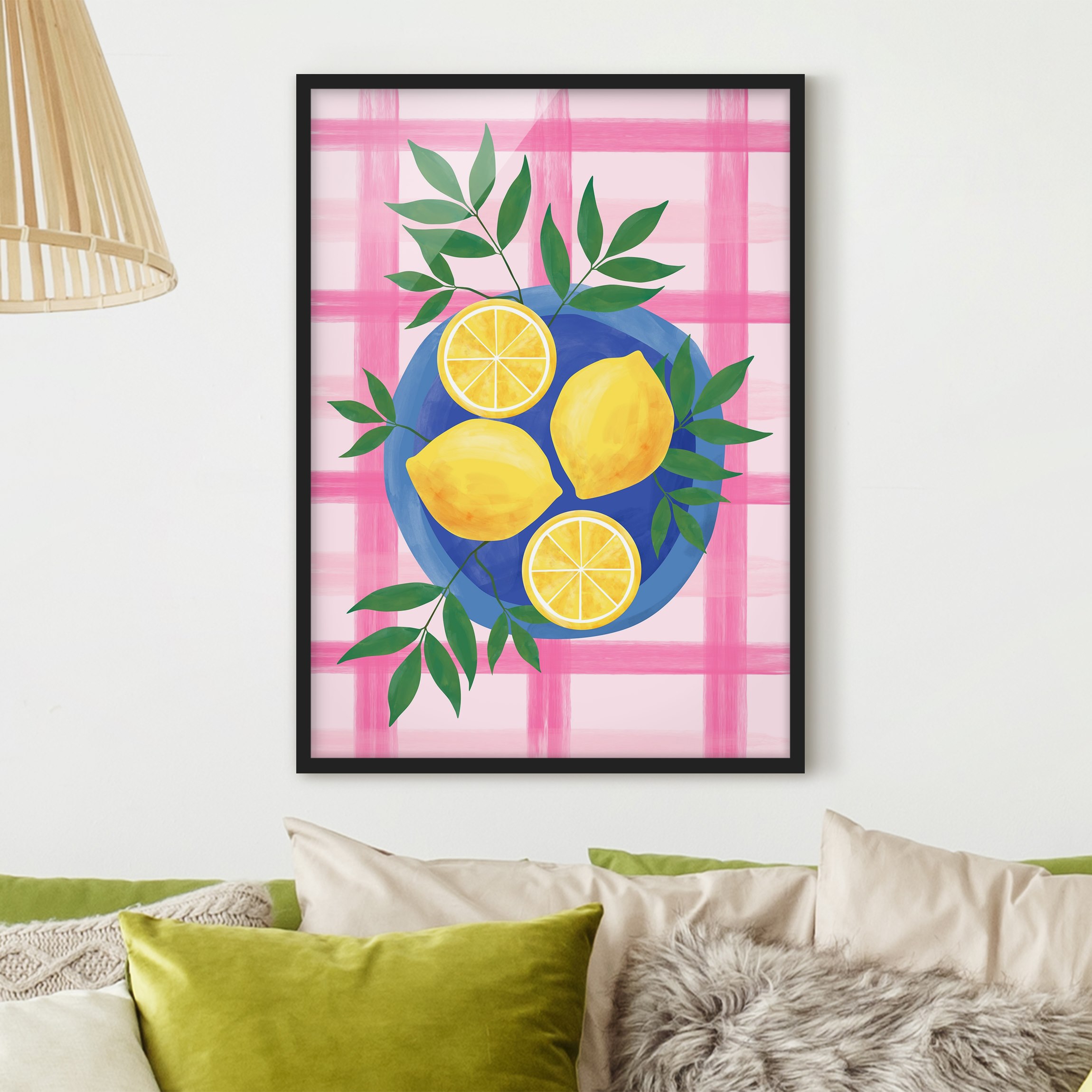 Bild mit Rahmen Blauer Teller mit Zitronen