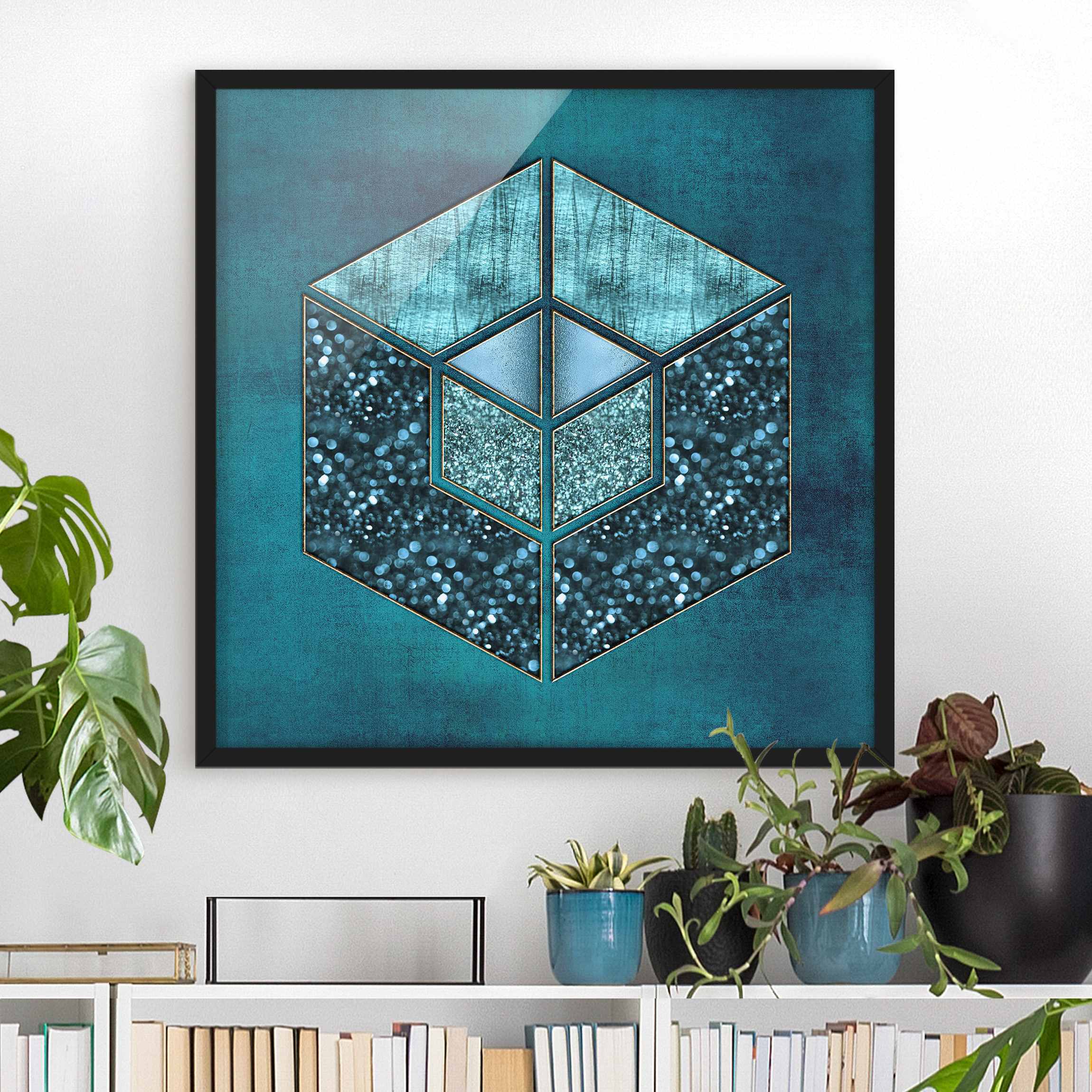 Bild mit Rahmen Blaues Hexagon mit Goldkontur
